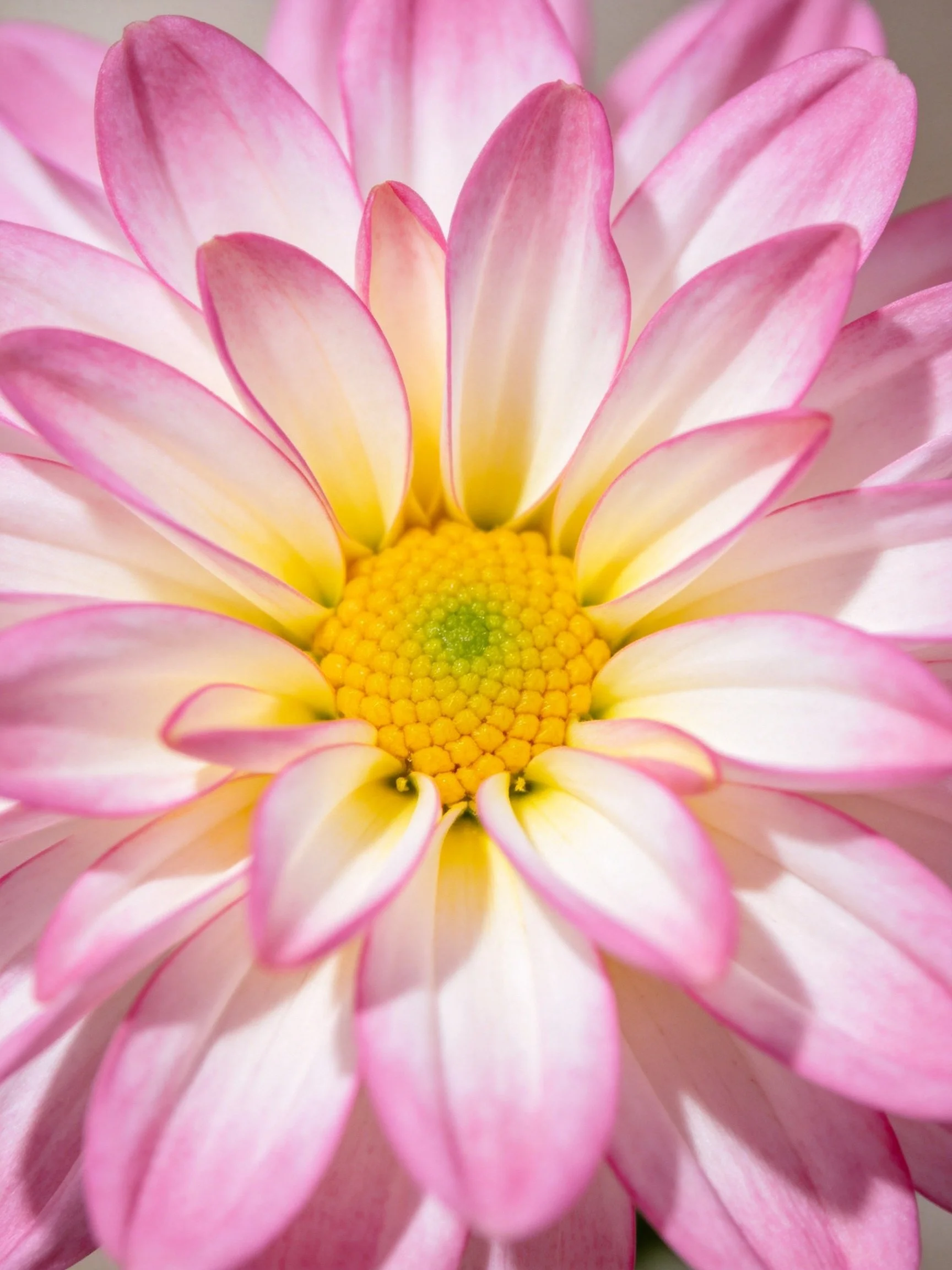 Close - up of pink and white petals surrounding a yellow flower center