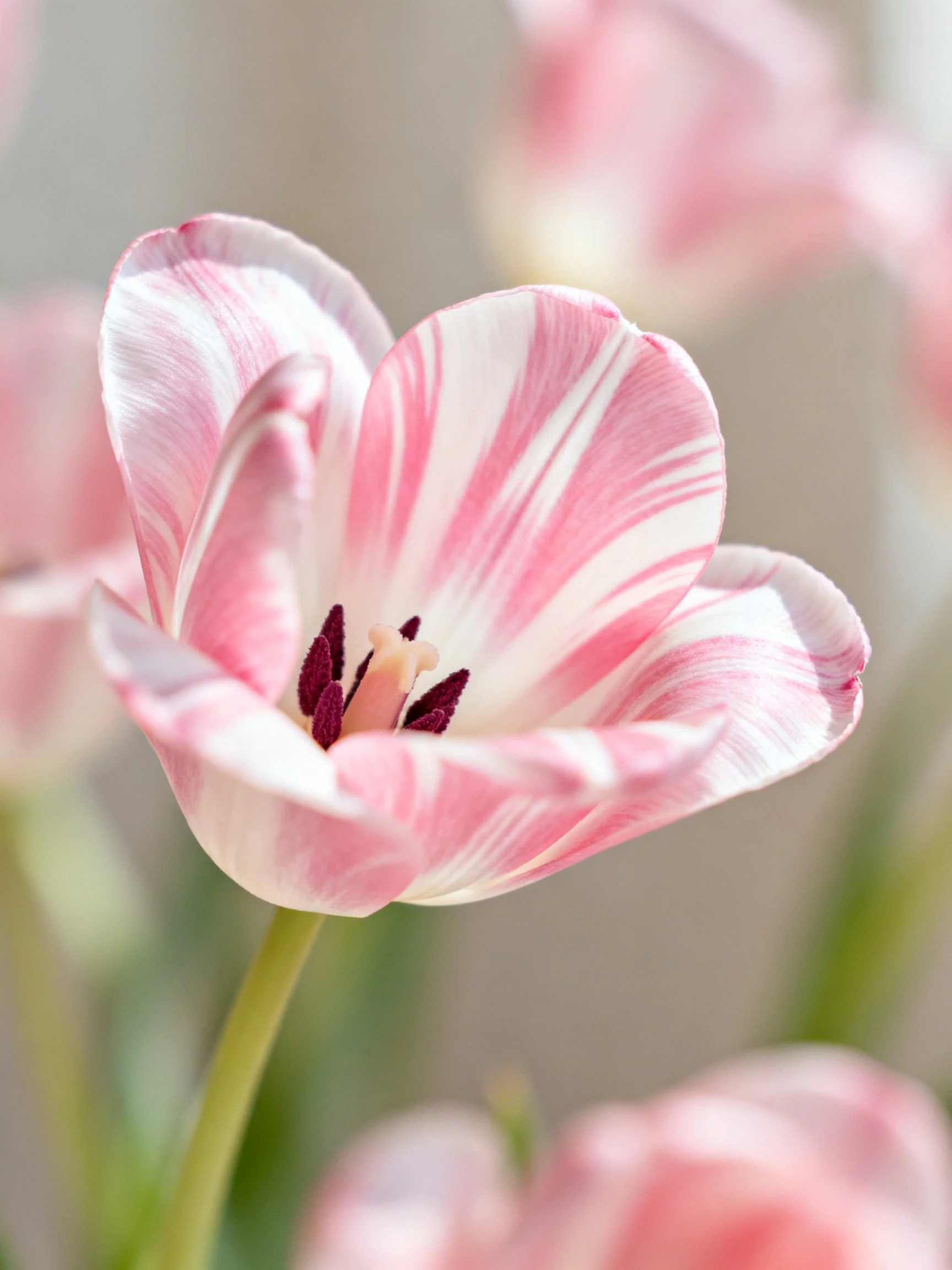Close-up of pink and white striped tulip with blurred floral backdrop