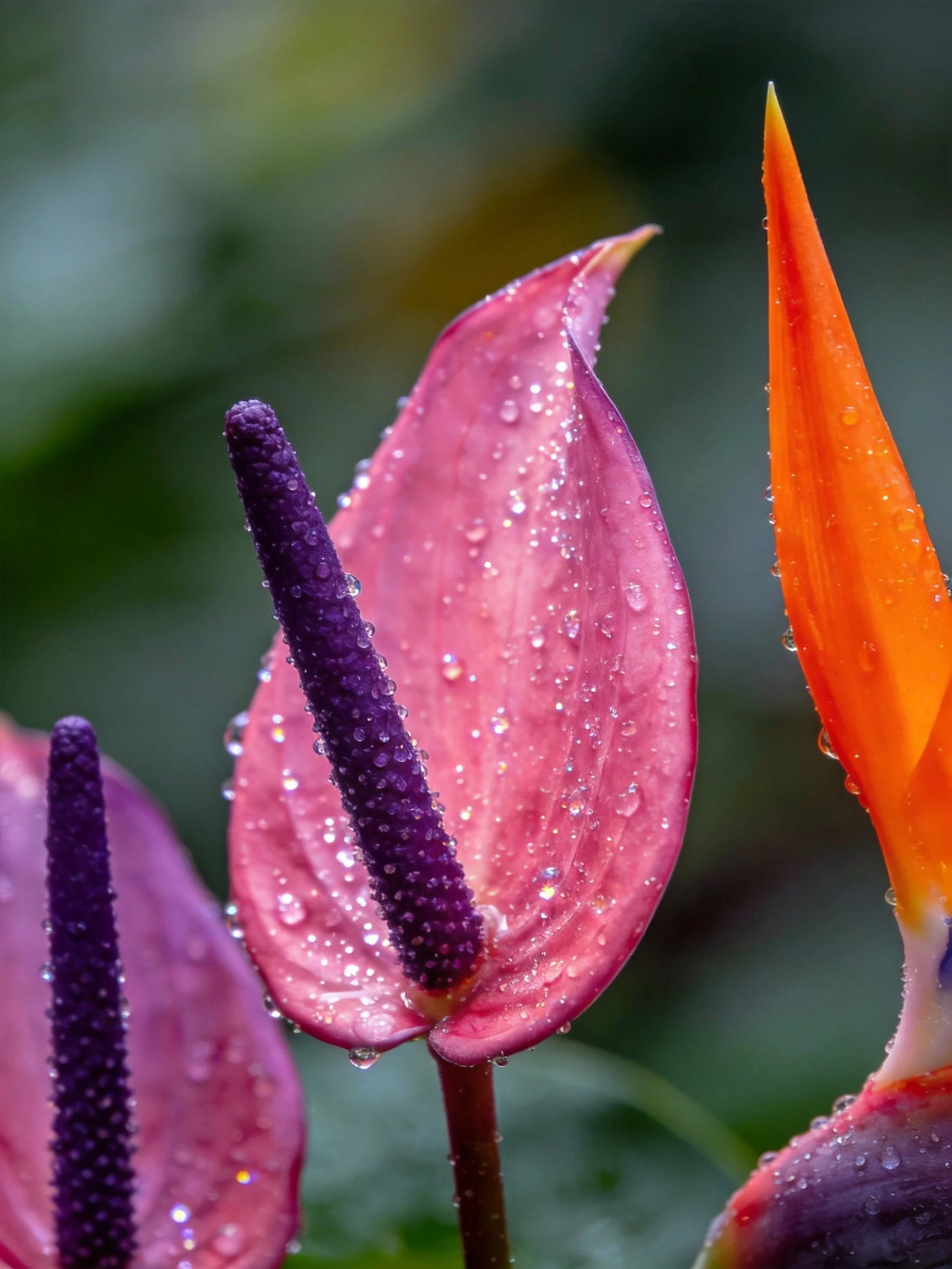 Close - up of pink anthurium and orange tropical blooms with water droplets