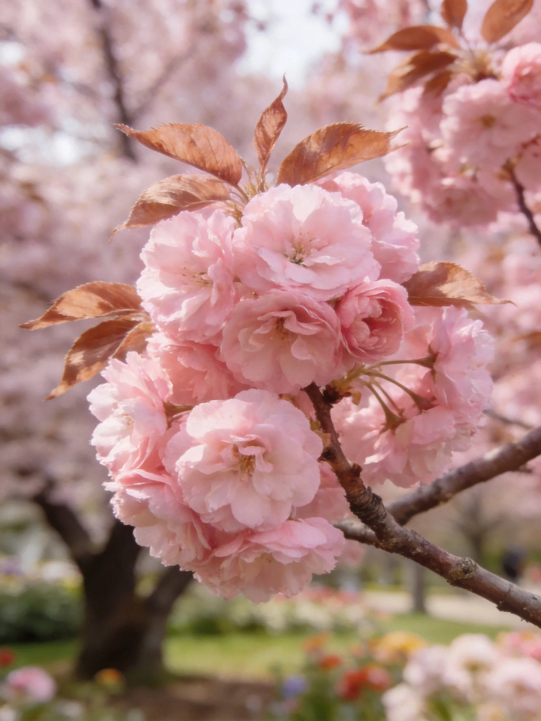 Close - up of pink cherry blossom clusters with reddish leaves