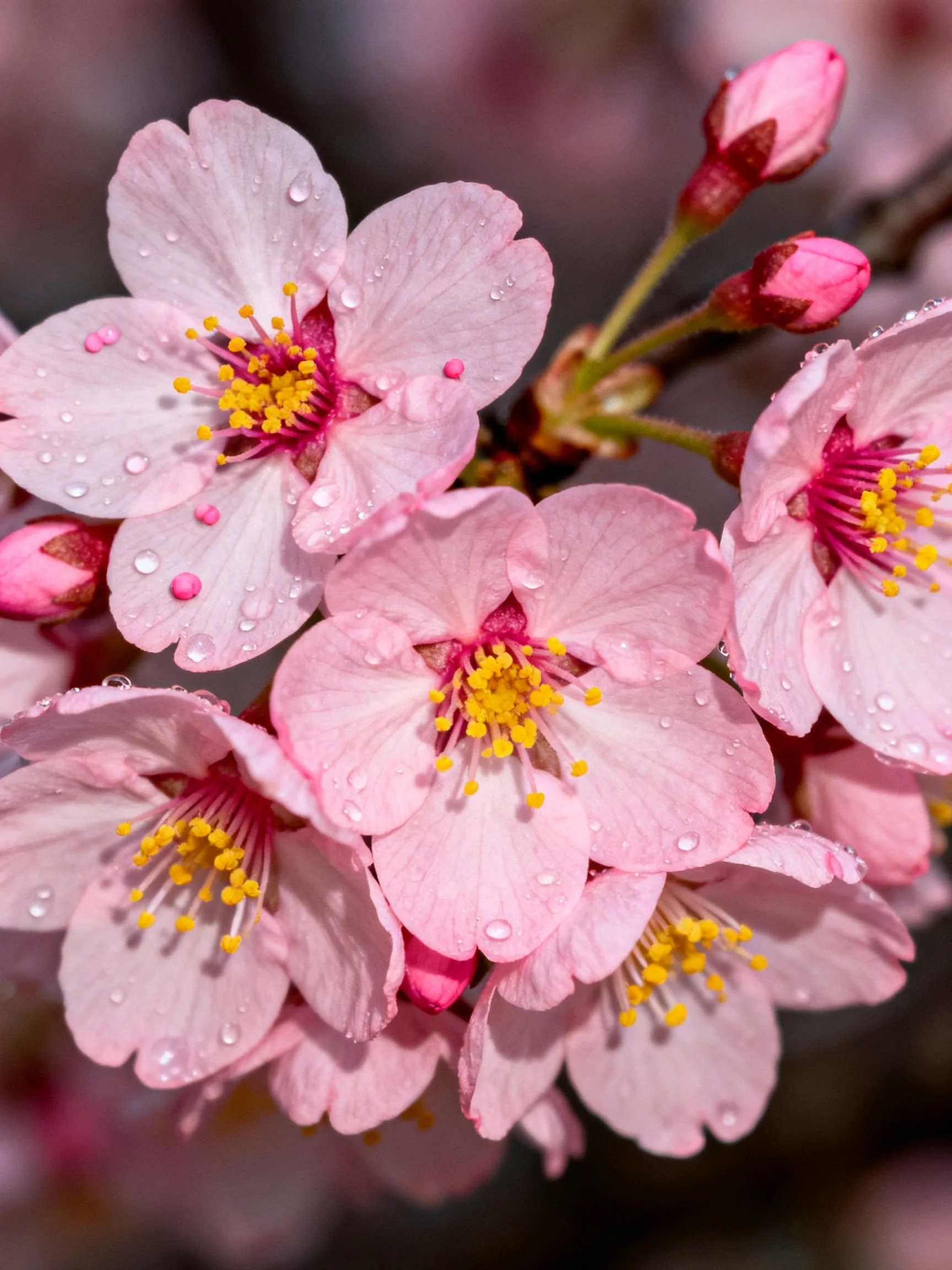 Close-up of pink cherry blossoms with water droplets