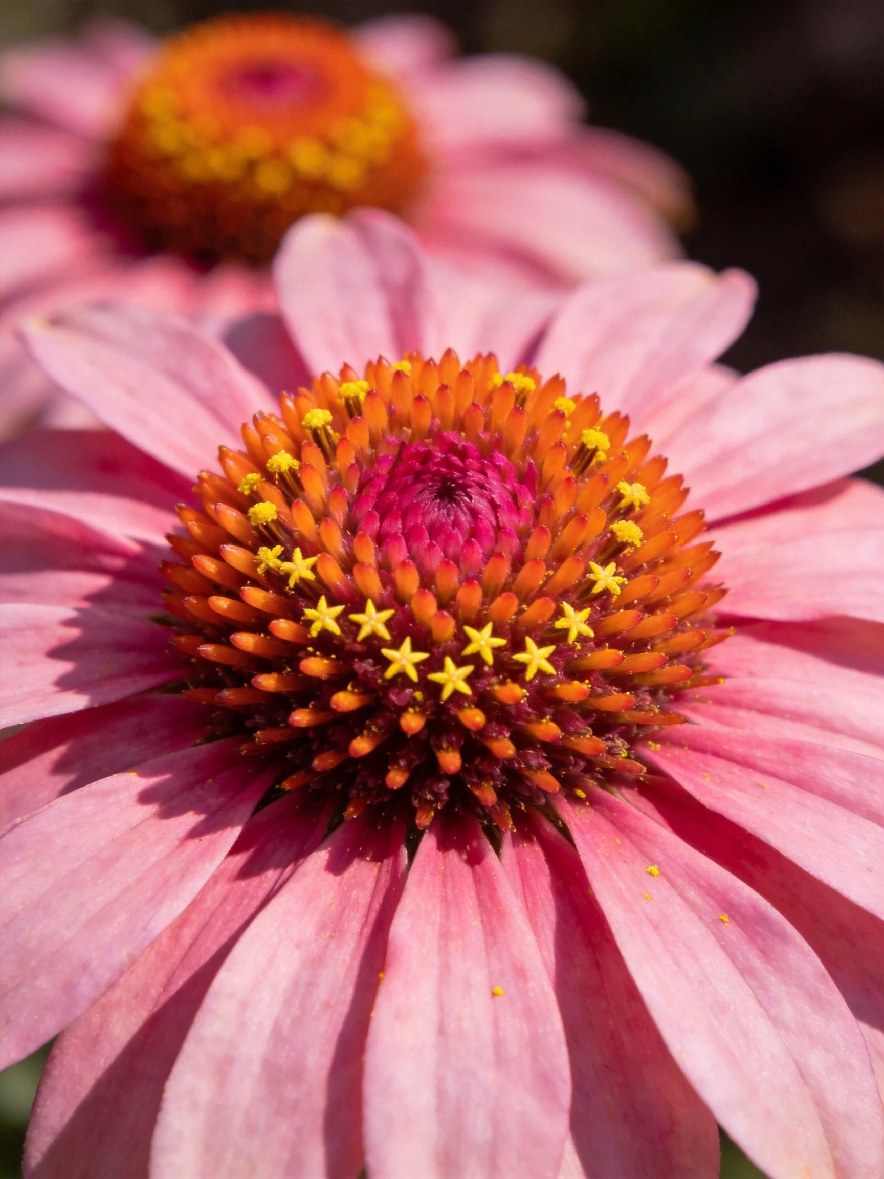 Close - up of pink coneflower with orange and yellow center