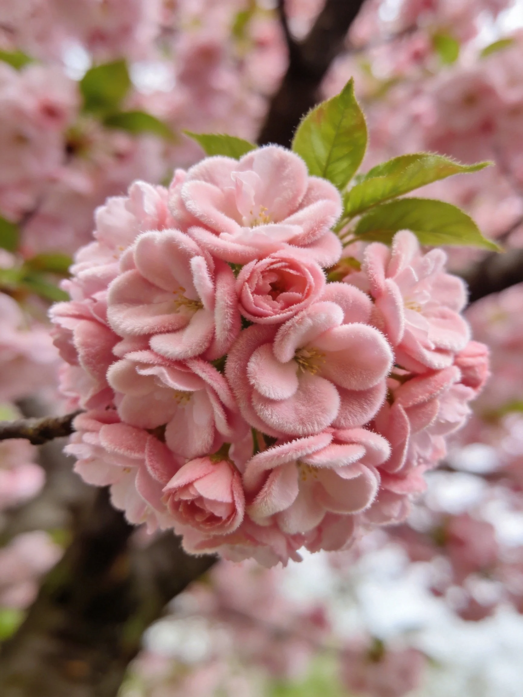 Close-up of pink flower cluster with green leaves on a tree branch