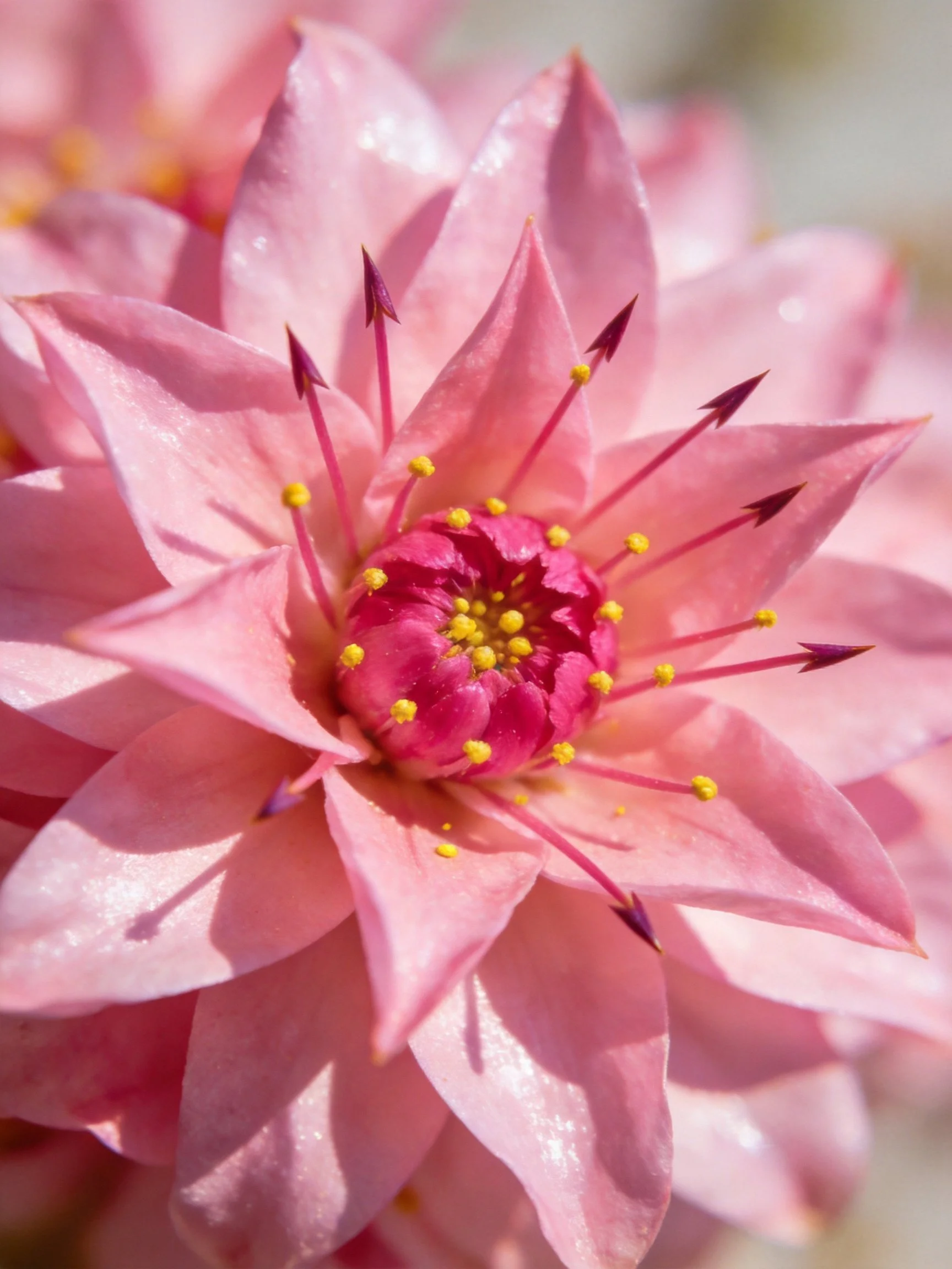 Close-up of pink flower with layered petals and yellow stamens