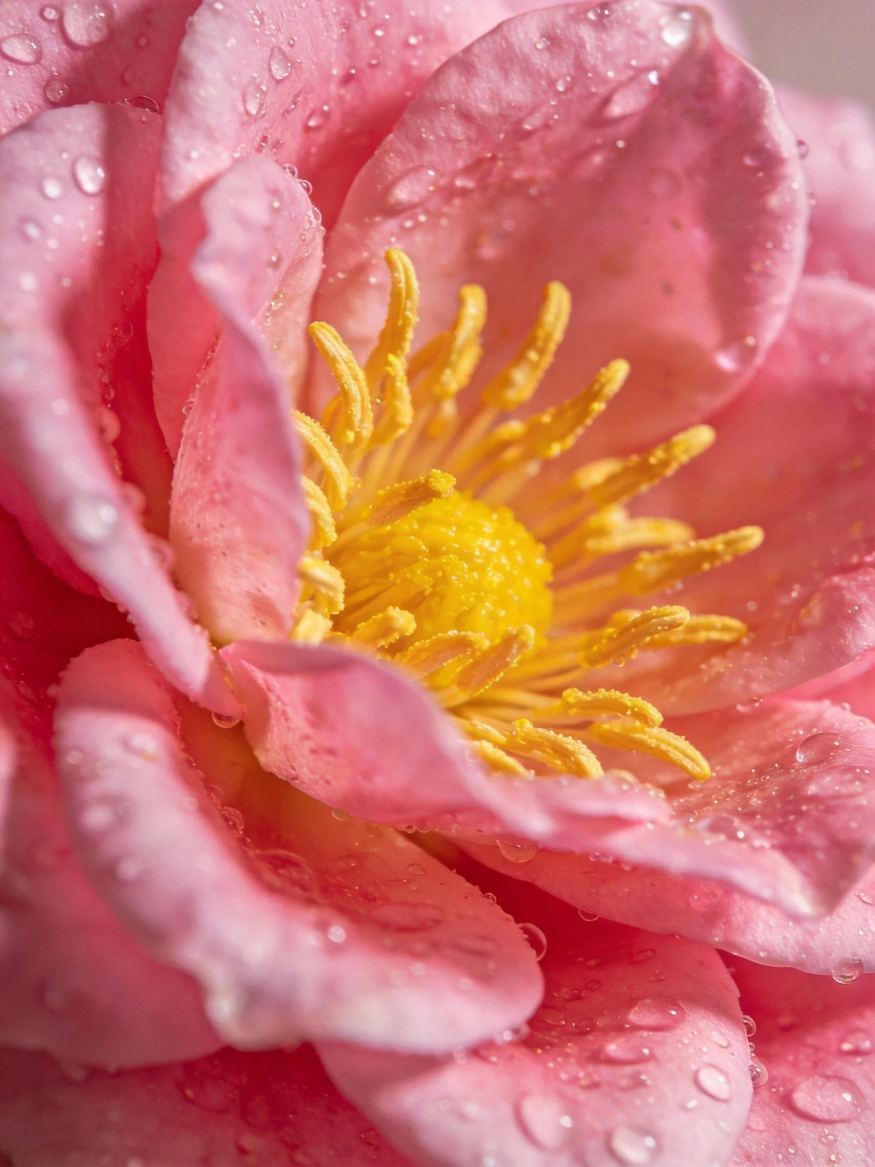 Close-up of pink flower with water droplets and yellow center