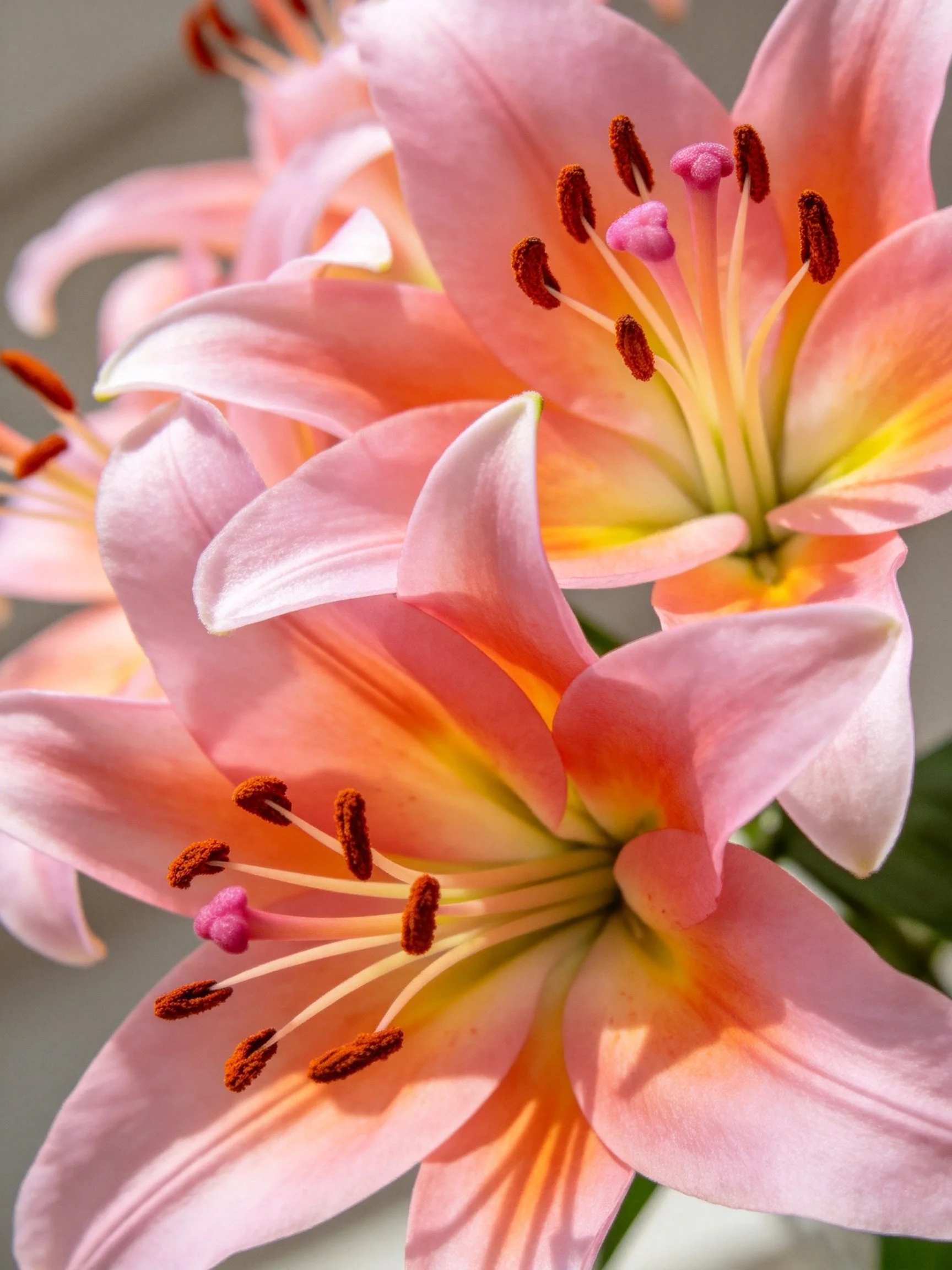 Close-up of pink lilies with orange-yellow centers and reddish stamens