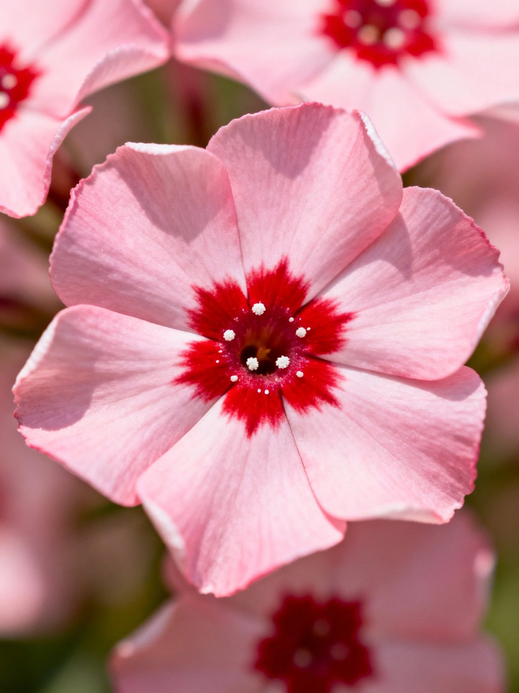 Close-up of pink phlox flowers with bold red centers