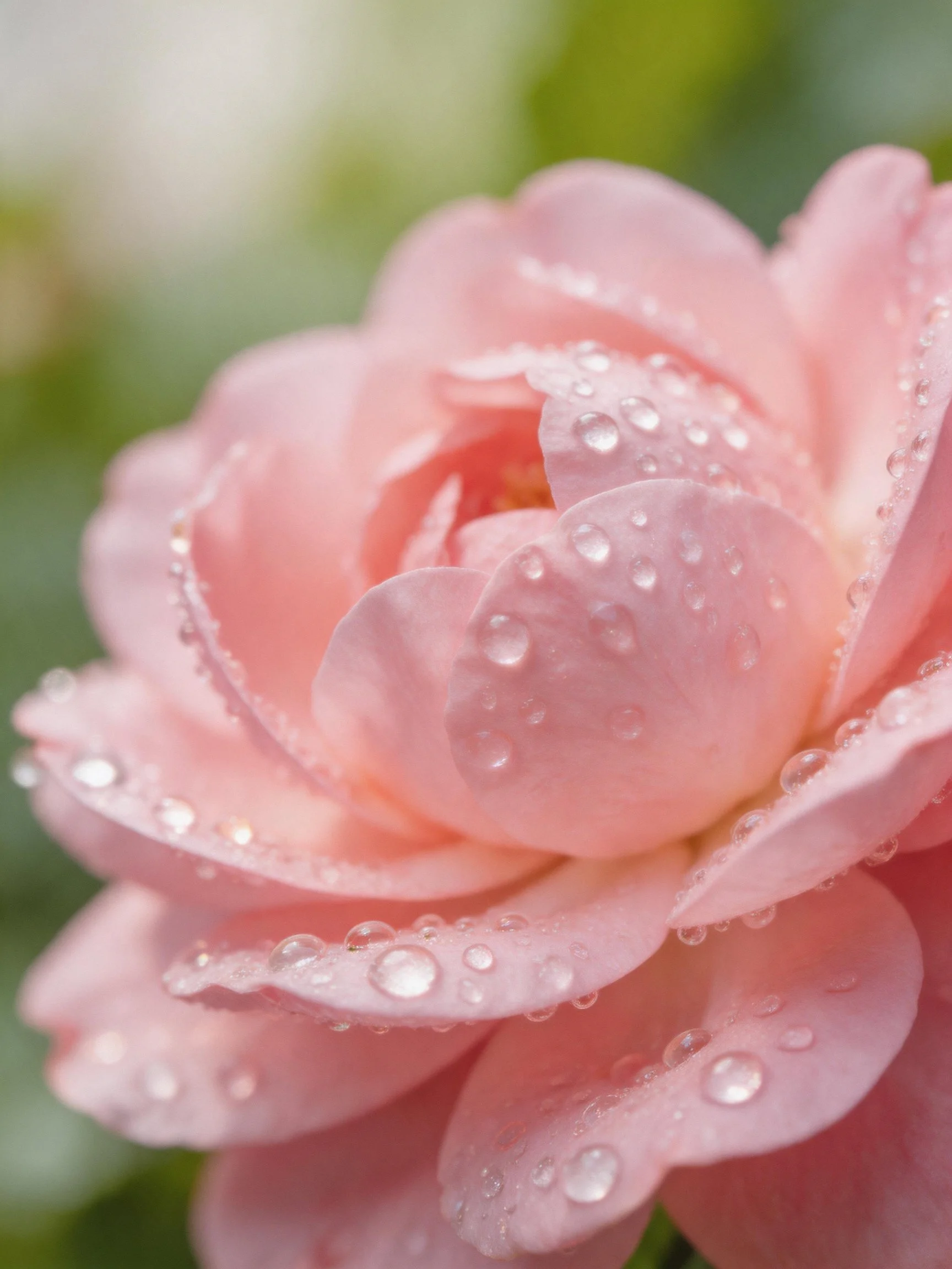 Close-up of pink rose with water droplets, soft petals, blurred green background