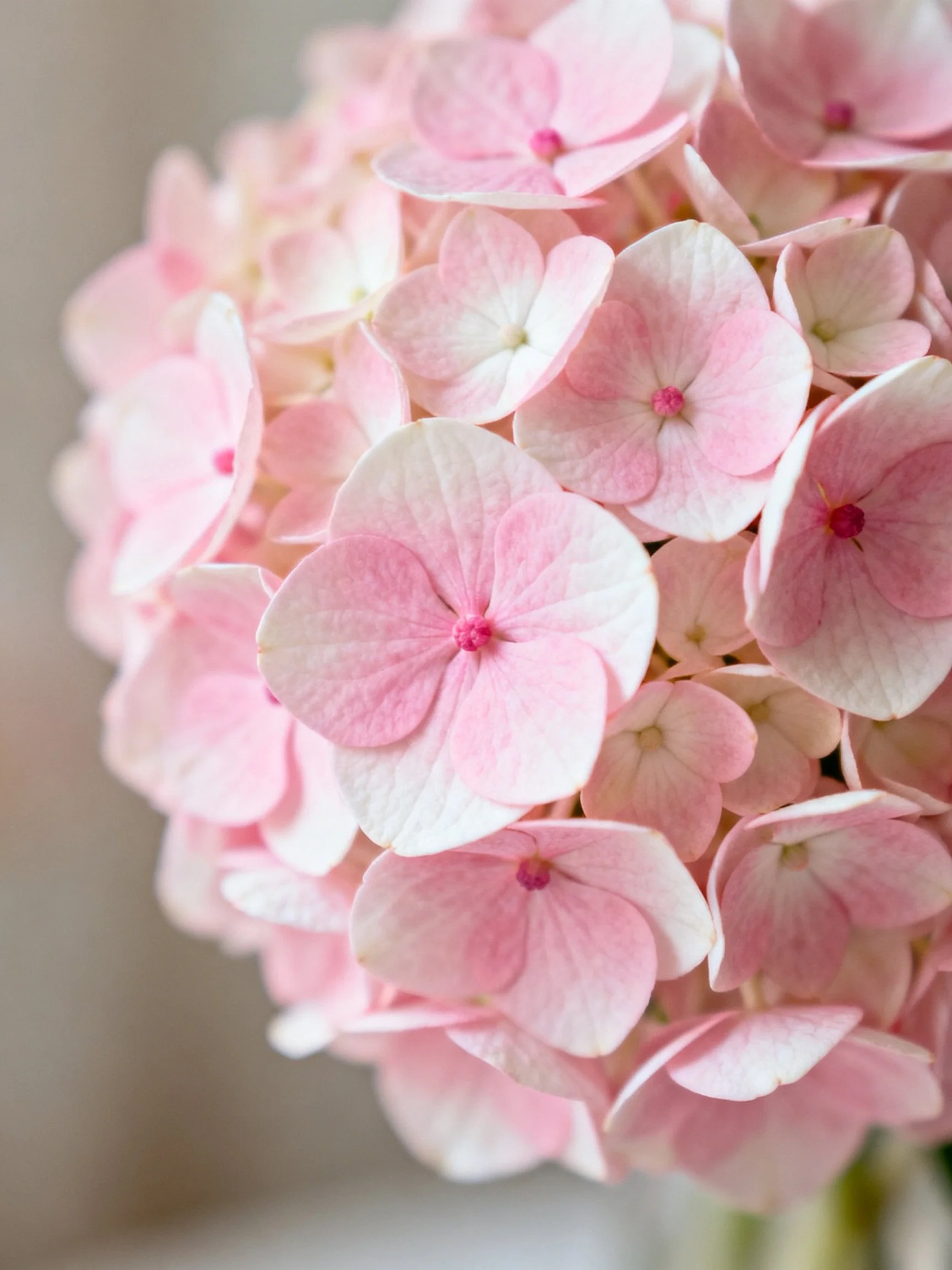 Close - up of soft pink hydrangea blooms with delicate petals