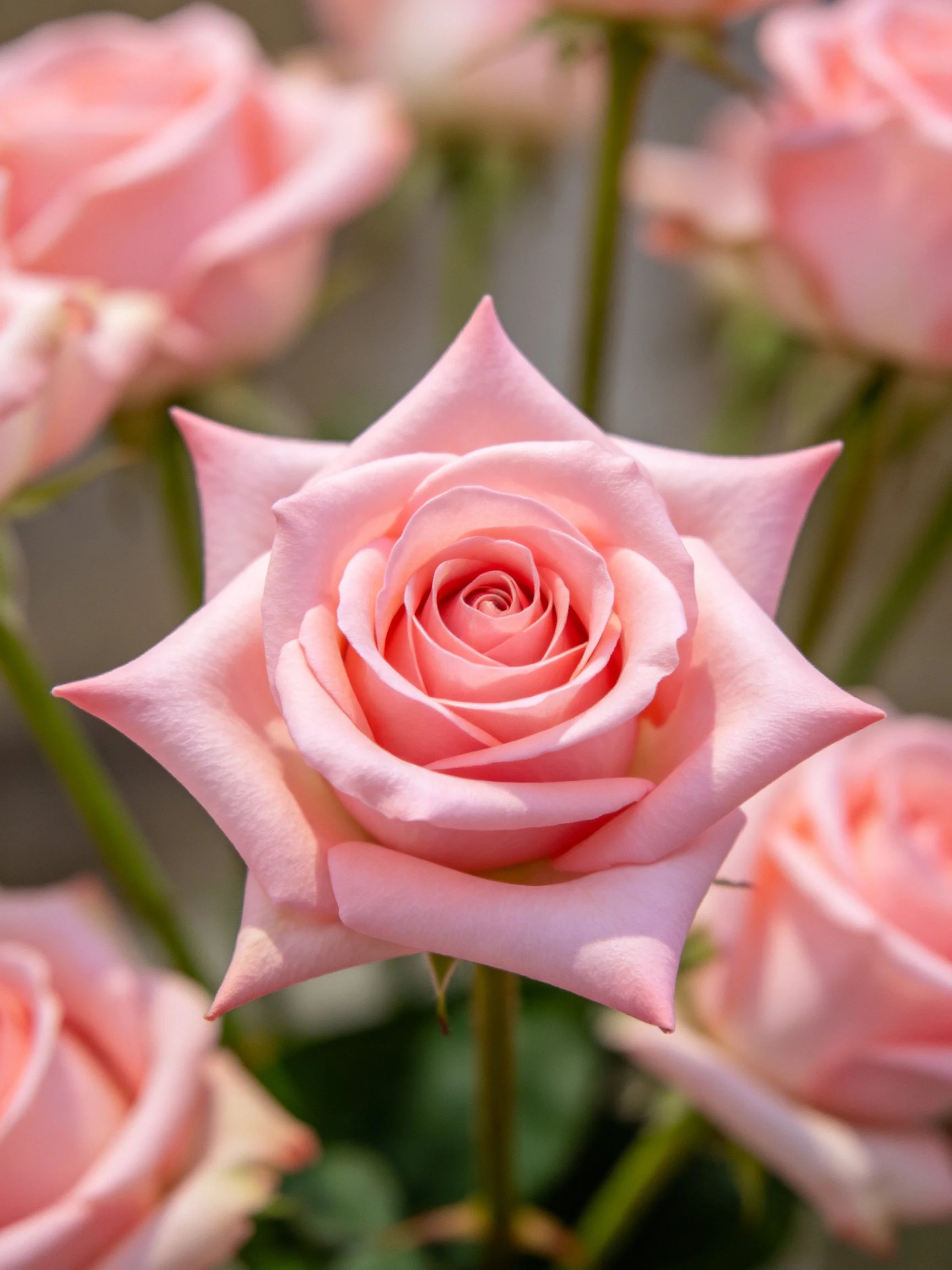 Close-up of soft pink roses with green stems