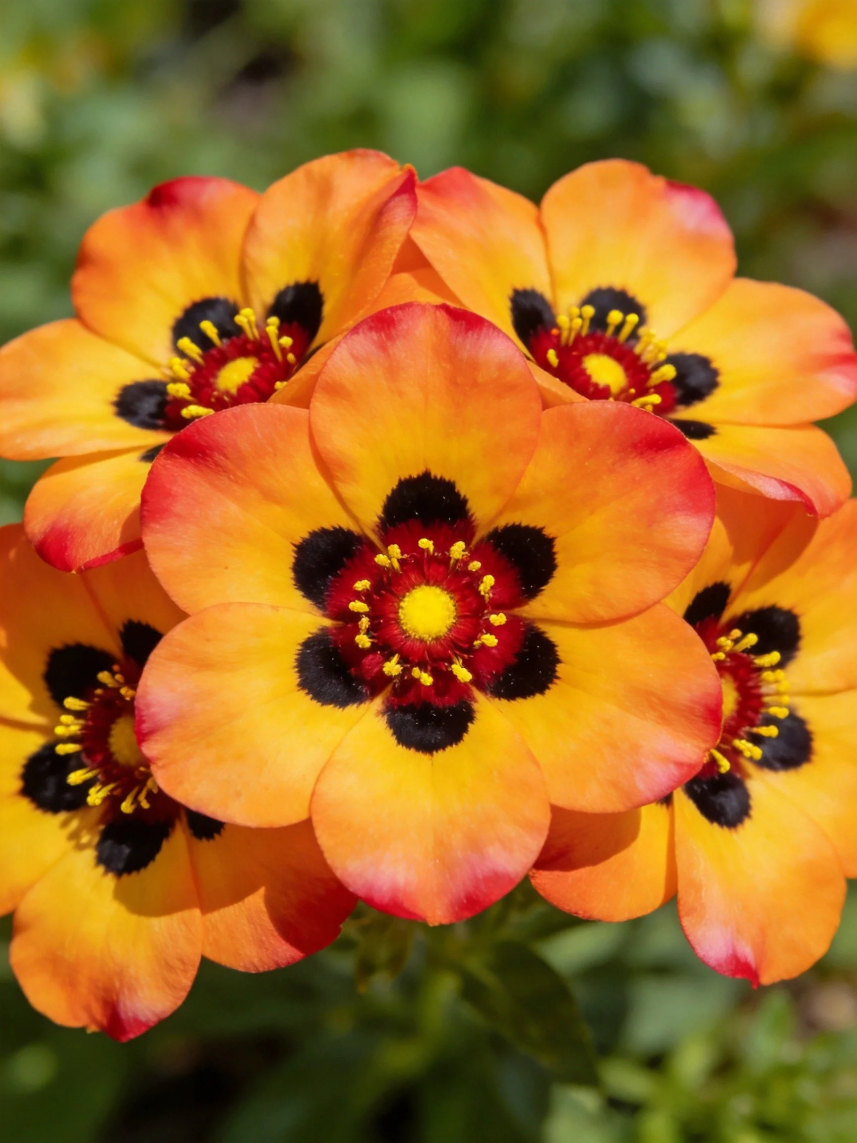 Close-up of vibrant orange-red flowers with black centers