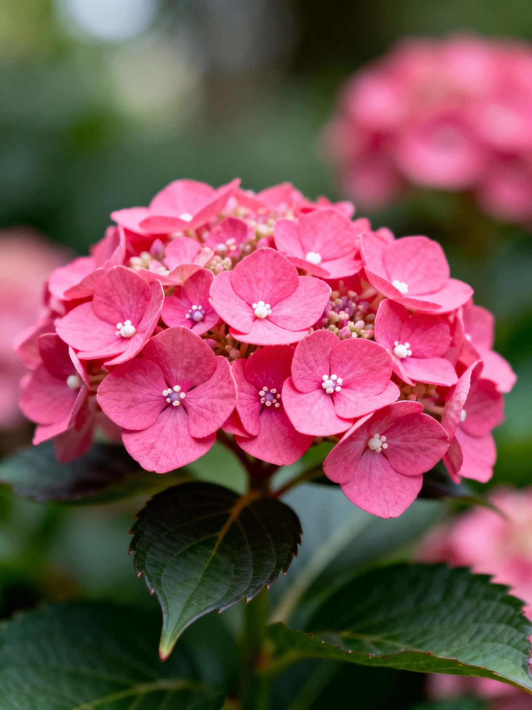 Close-up of vibrant pink hydrangea cluster with dark green foliage