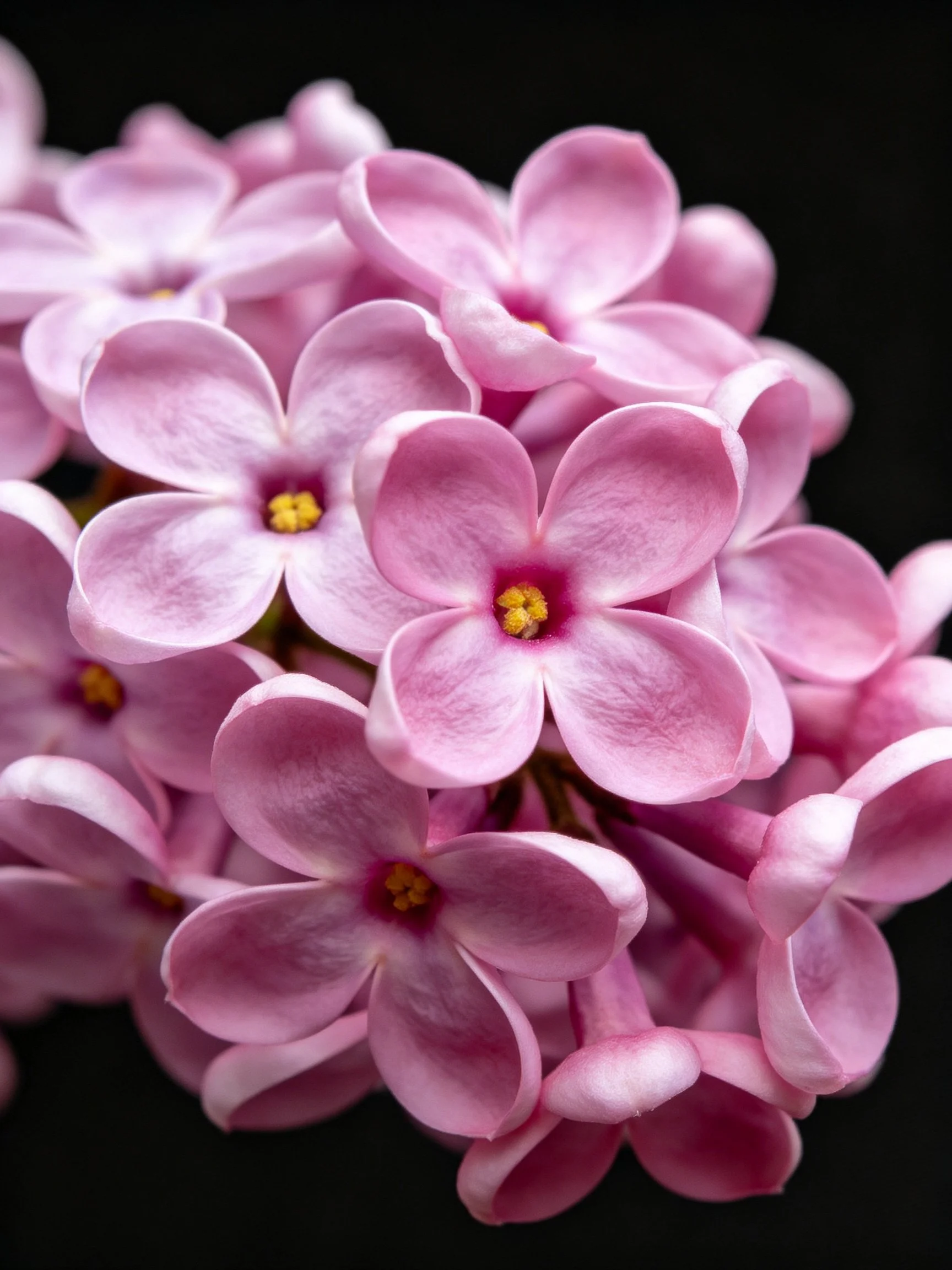 Close - up of vibrant pink lilac blossoms with yellow centers
