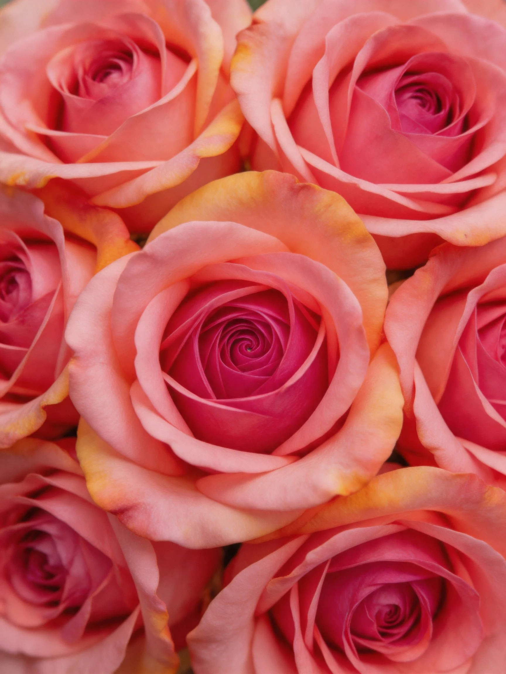 Close-up of vibrant pink roses with soft orange edges