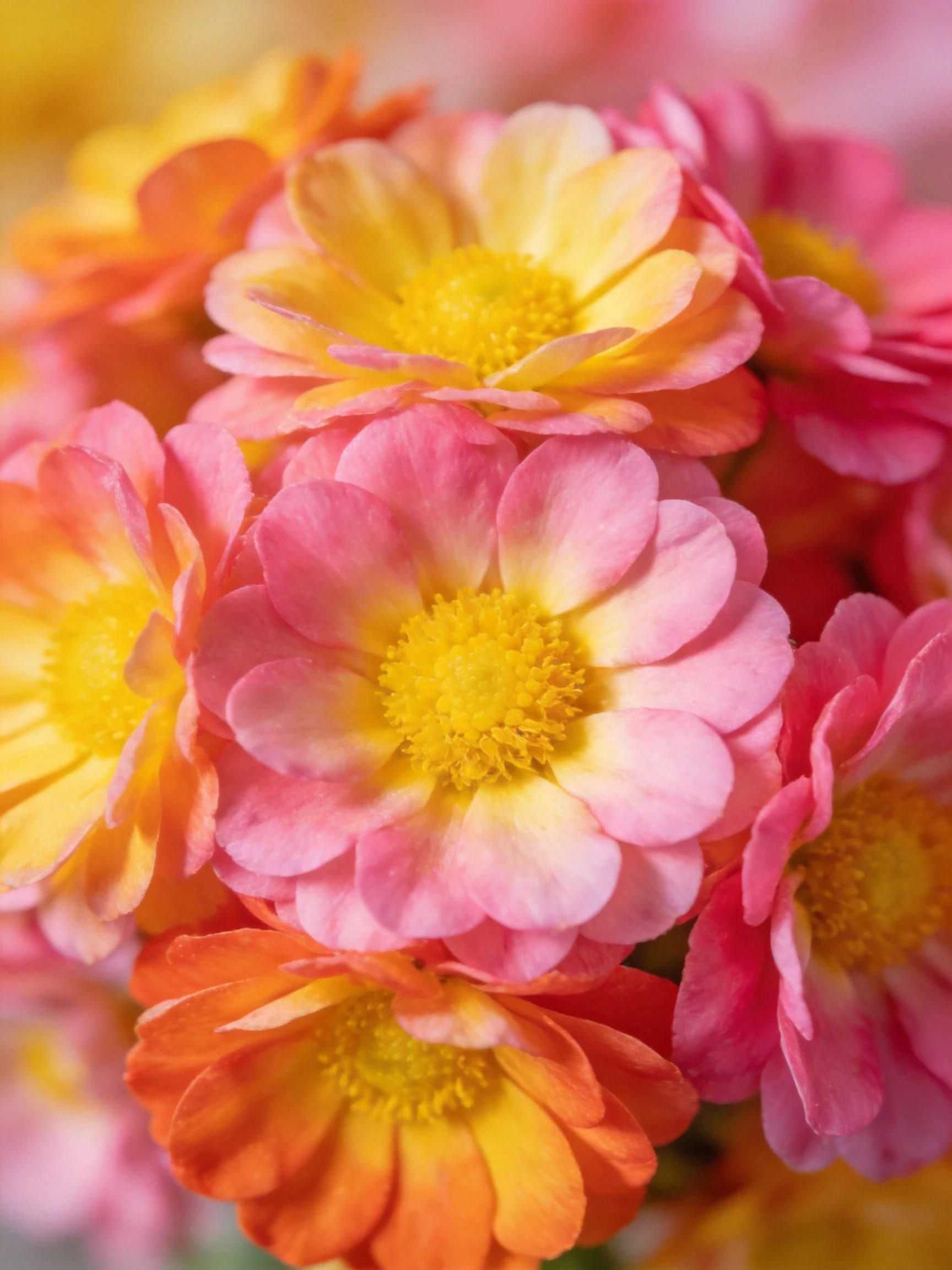 Close - up of vibrant pink, yellow, and orange chrysanthemum blooms