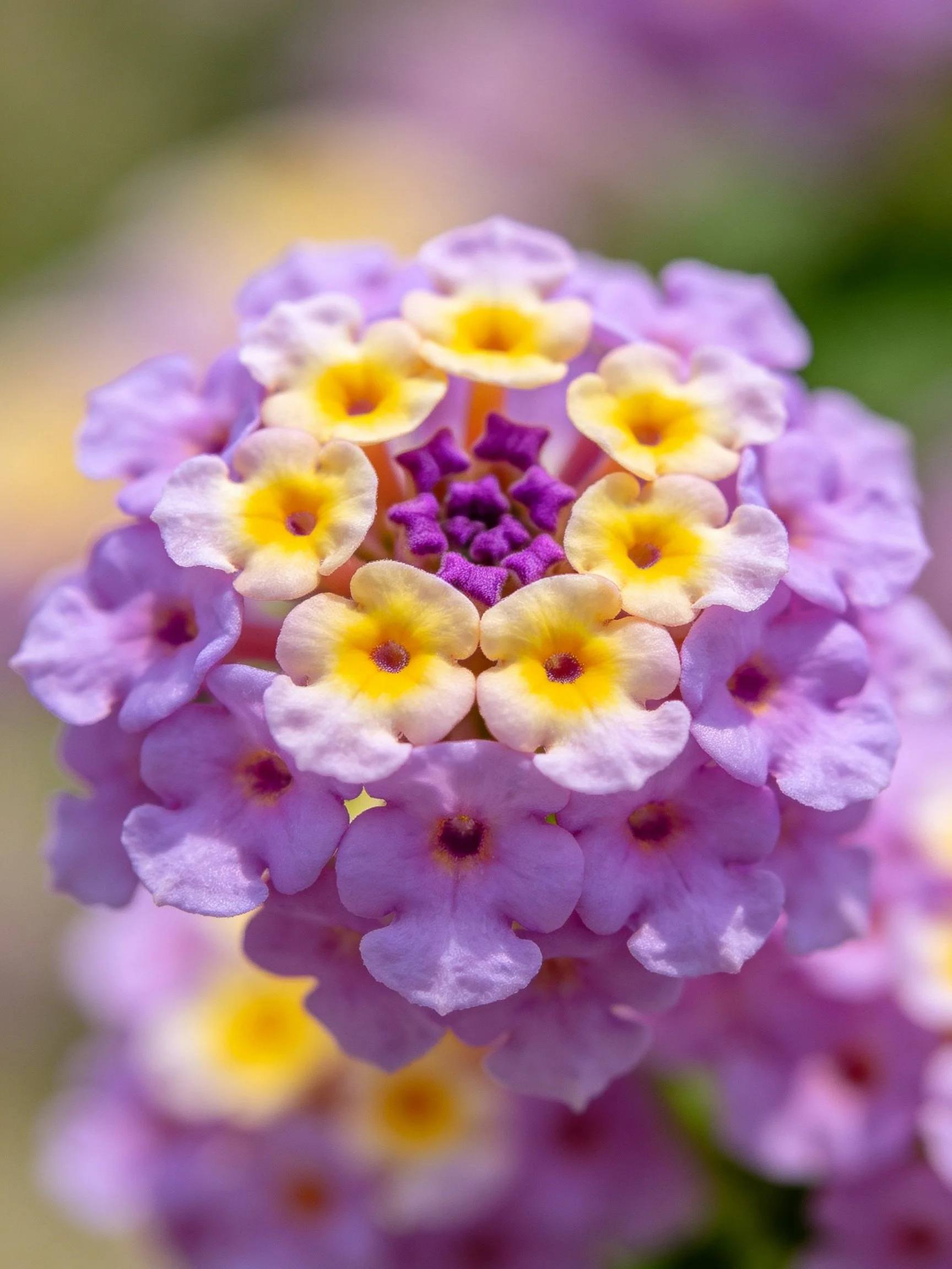 Close-up of vibrant purple and yellow clustered flowers