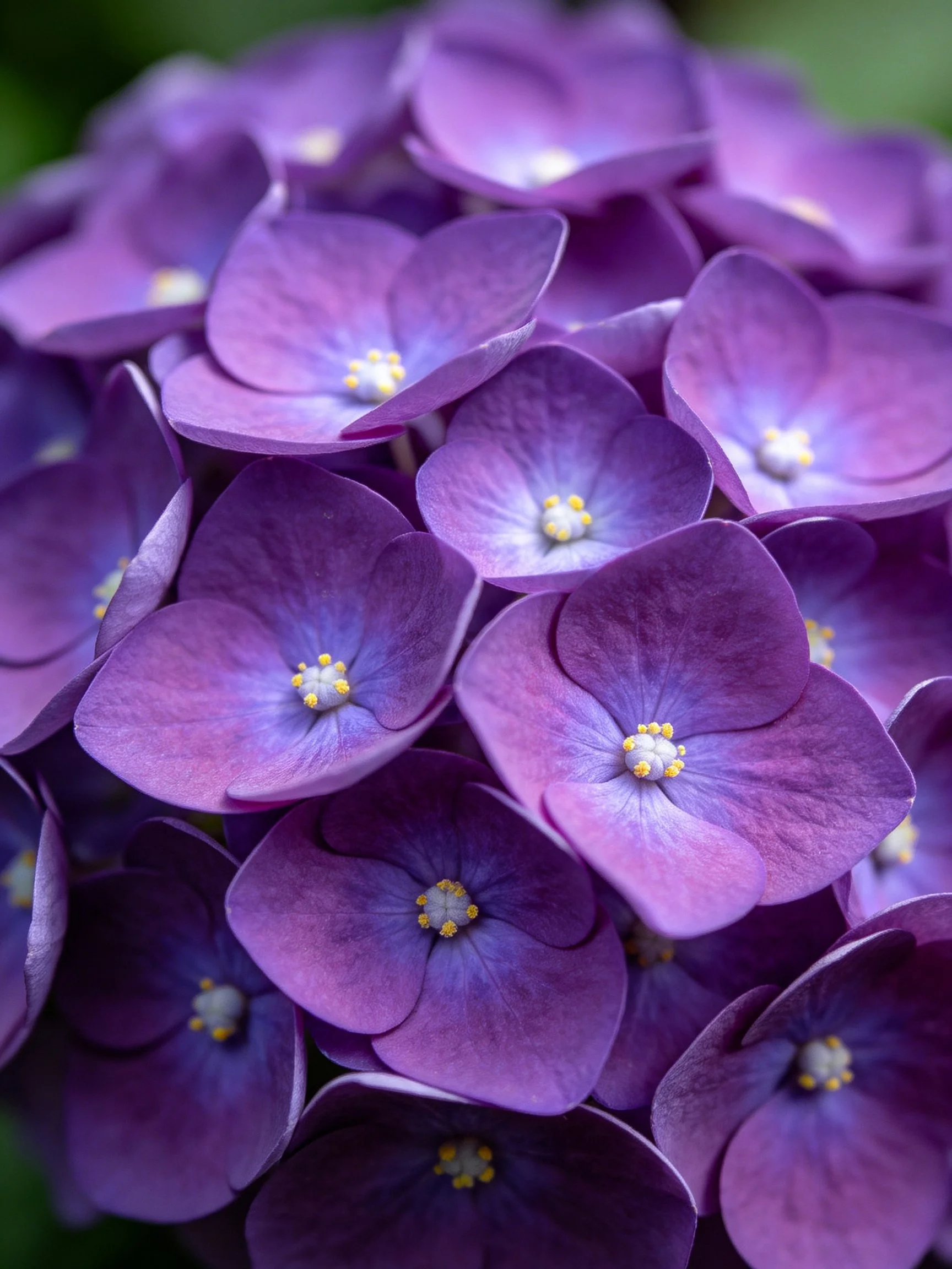 Close-up of vibrant purple hydrangea blooms with soft focus