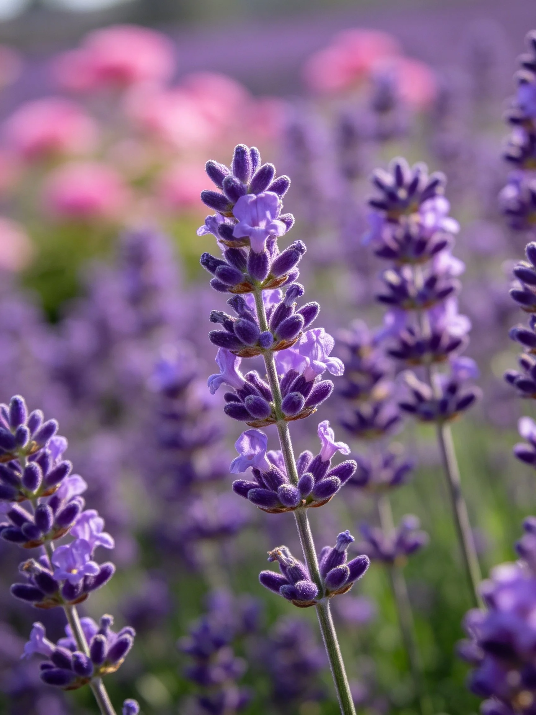 Close-up of vibrant purple lavender stems with soft pink floral backdrop