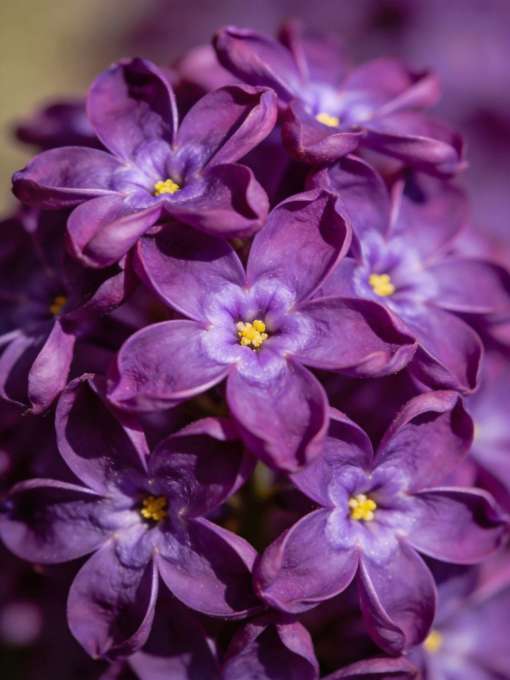 Close-up of vibrant purple lilac blossoms with yellow centers