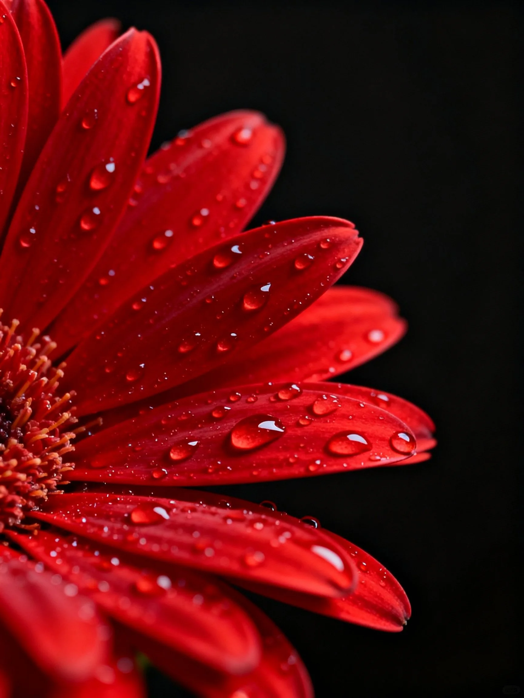 A close-up shows red flower petals dotted with water droplets against a dark background.