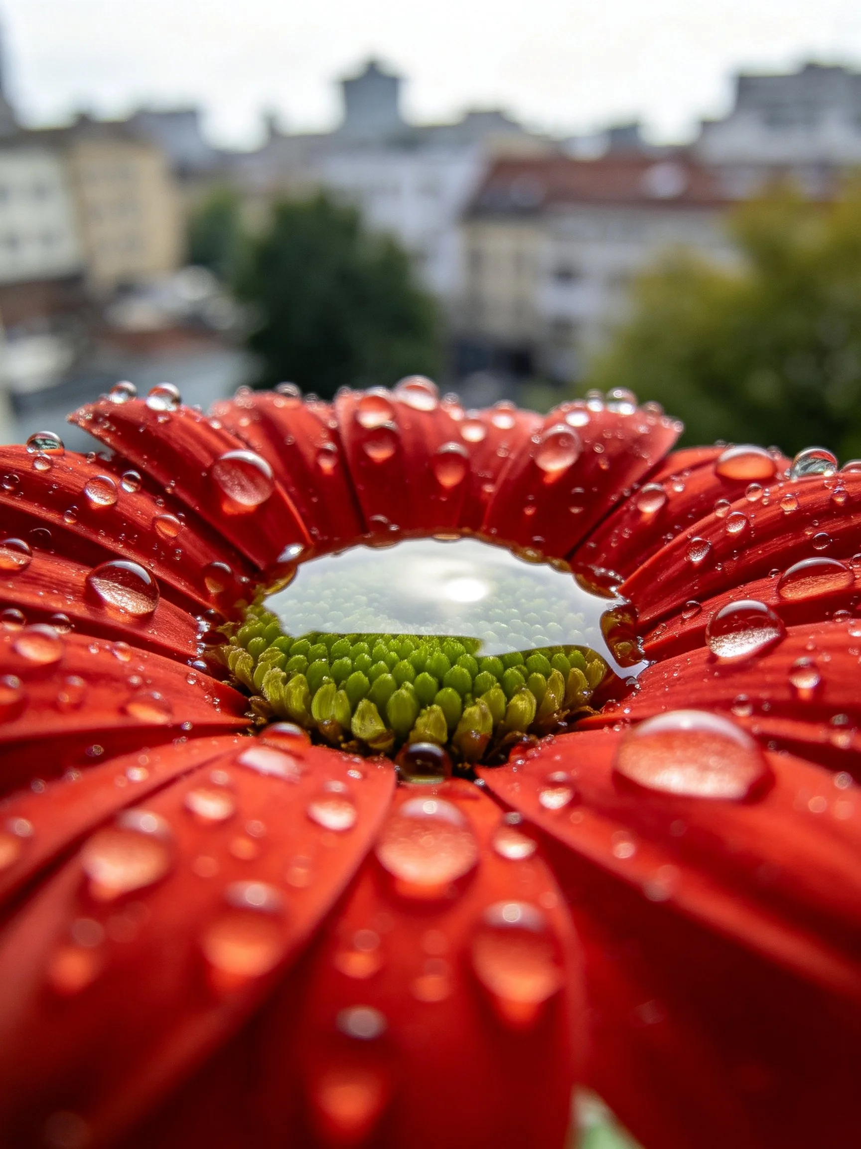 A close-up of a red flower with water droplets, showing a blurred urban backdrop.