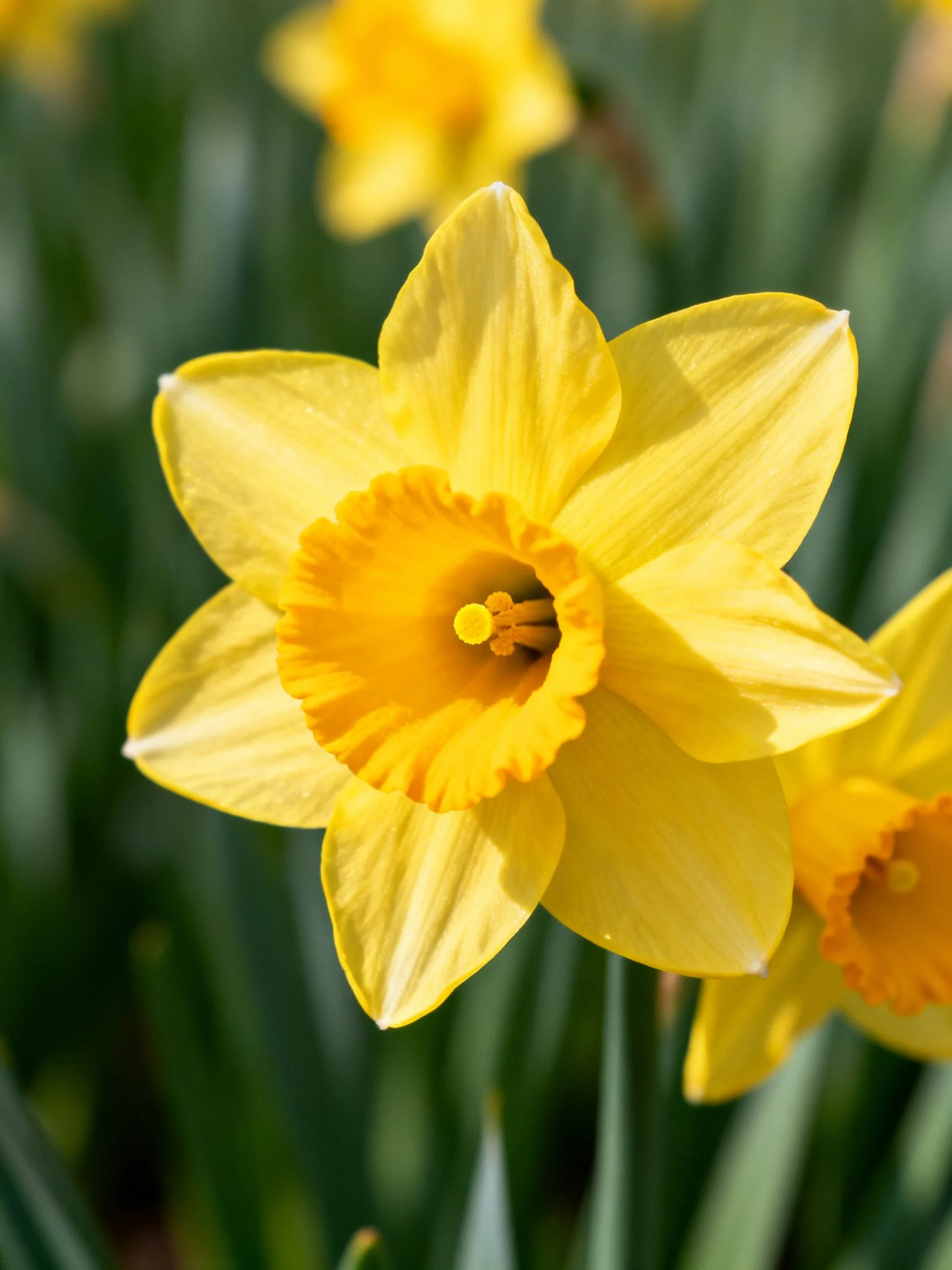 Close-up of vibrant yellow daffodil with green foliage