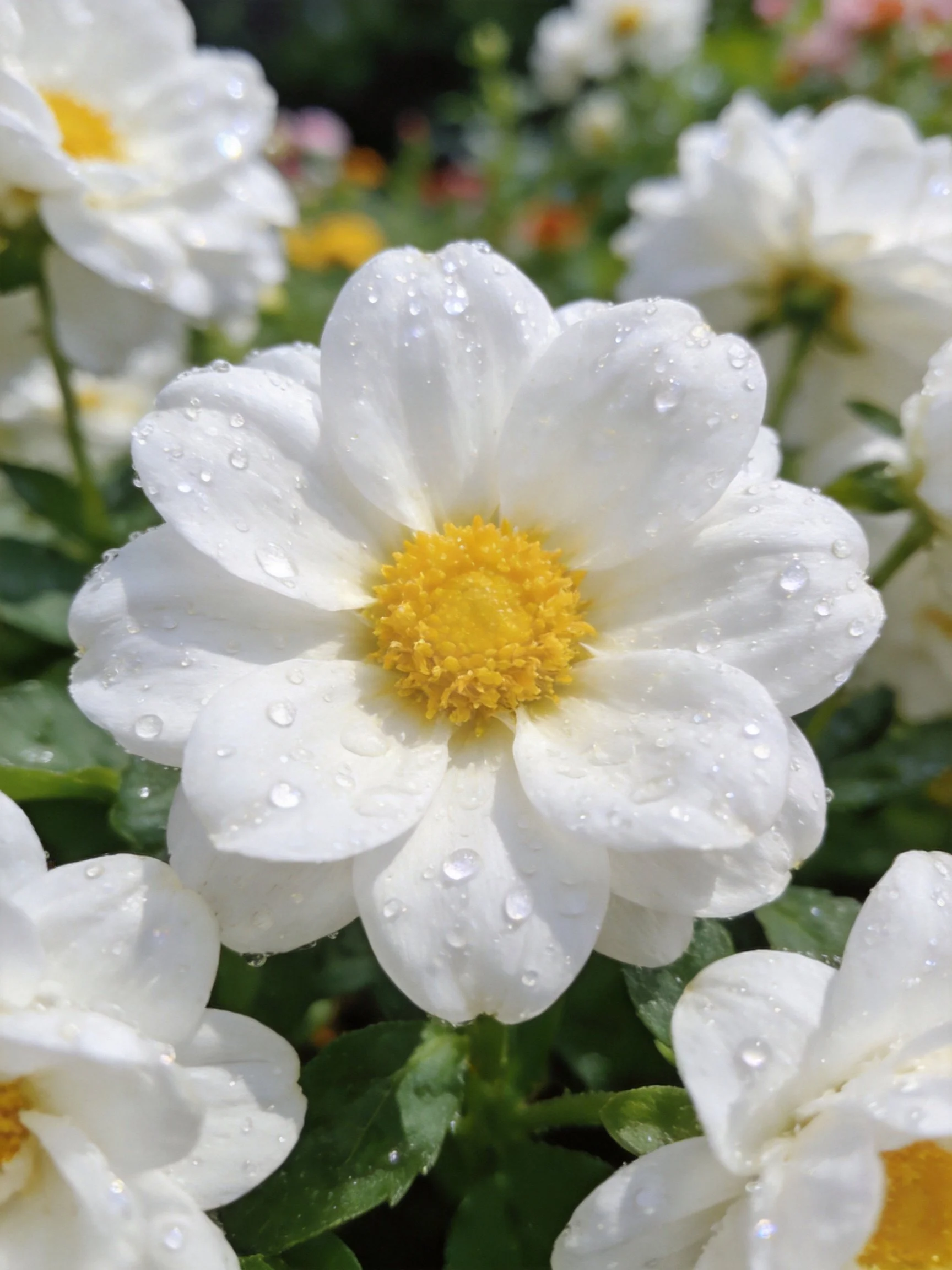 Close - up of white daisy - like flowers with yellow centers and water droplets