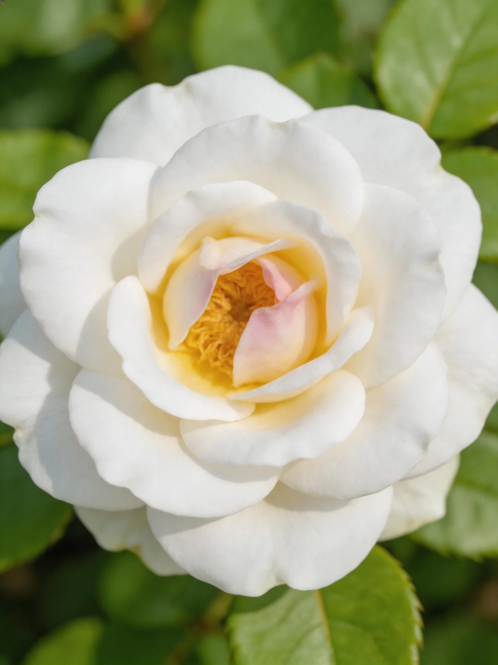 Close - up ofa white rose with yellow and pink center and green leaves