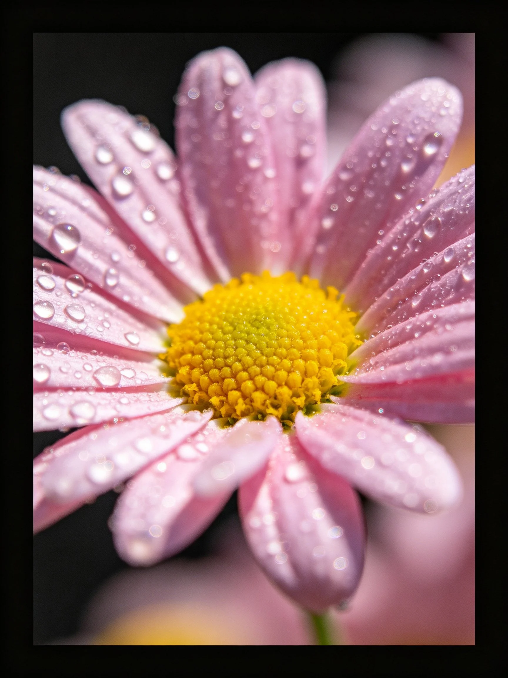 Close - up pink daisy flower with water droplets and yellow center