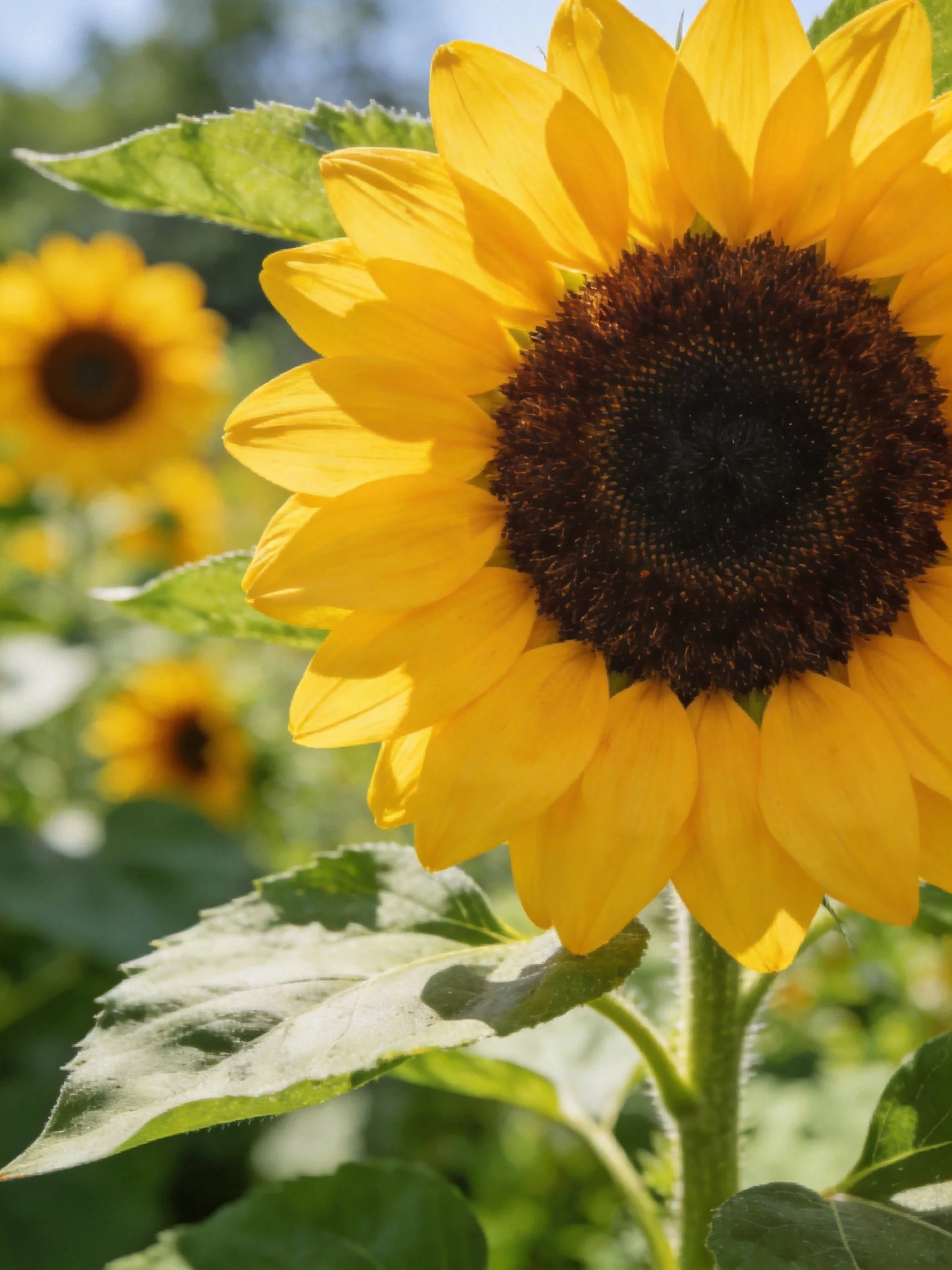 Close-up sunflower with golden petals and dark center, smaller sunflowers blurred in background