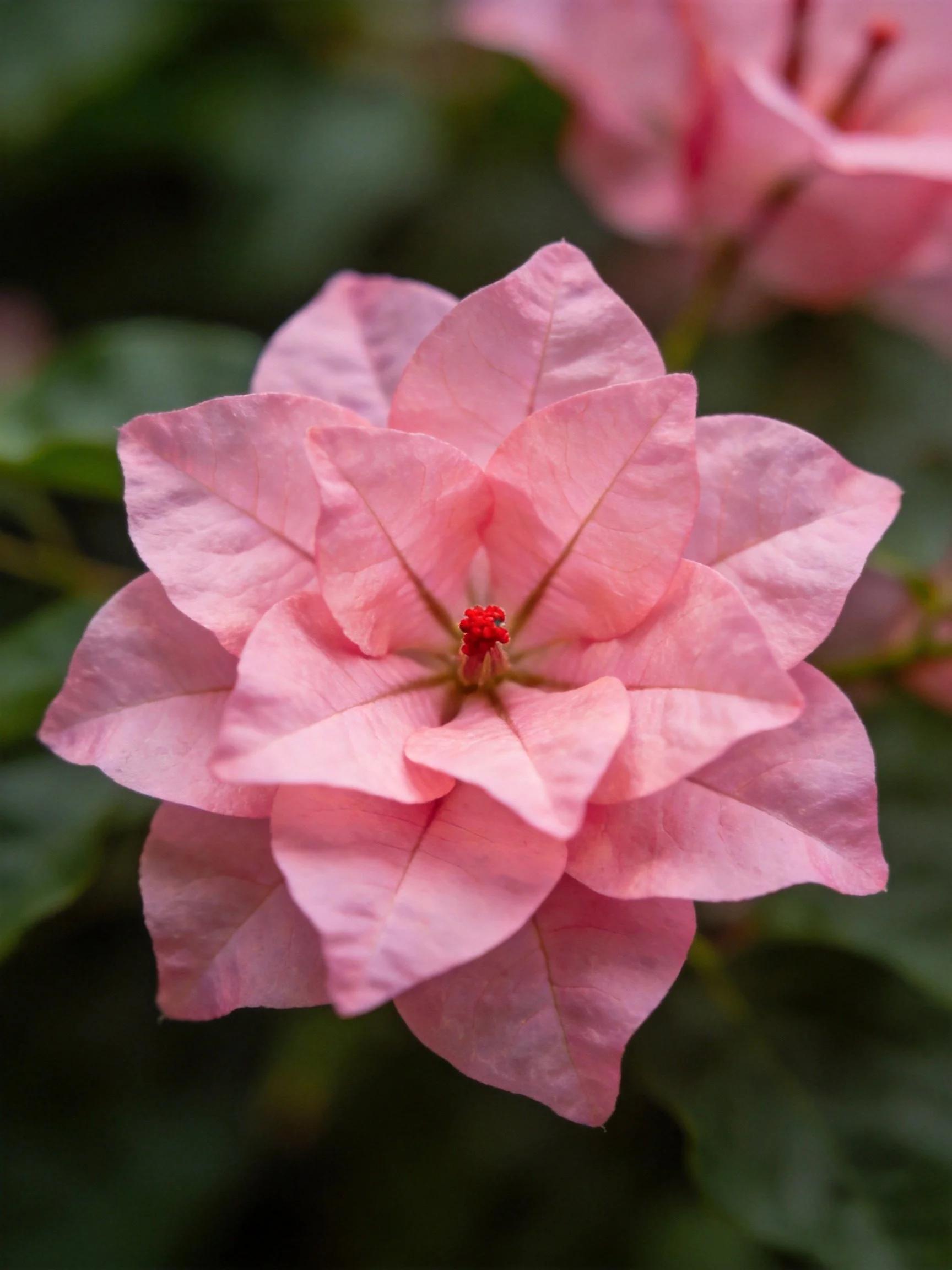 Close - up view of a soft pink bougainvillea blossom