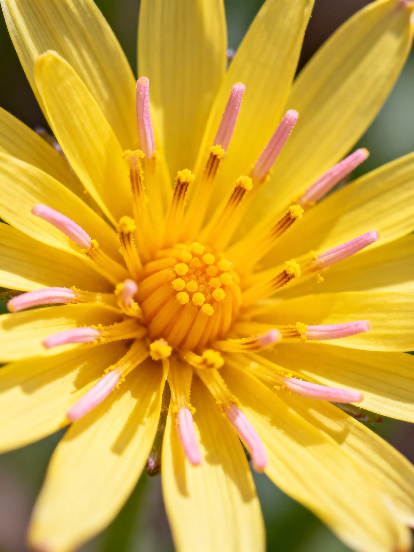 Close - up view of a vibrant yellow flower with pink stamens