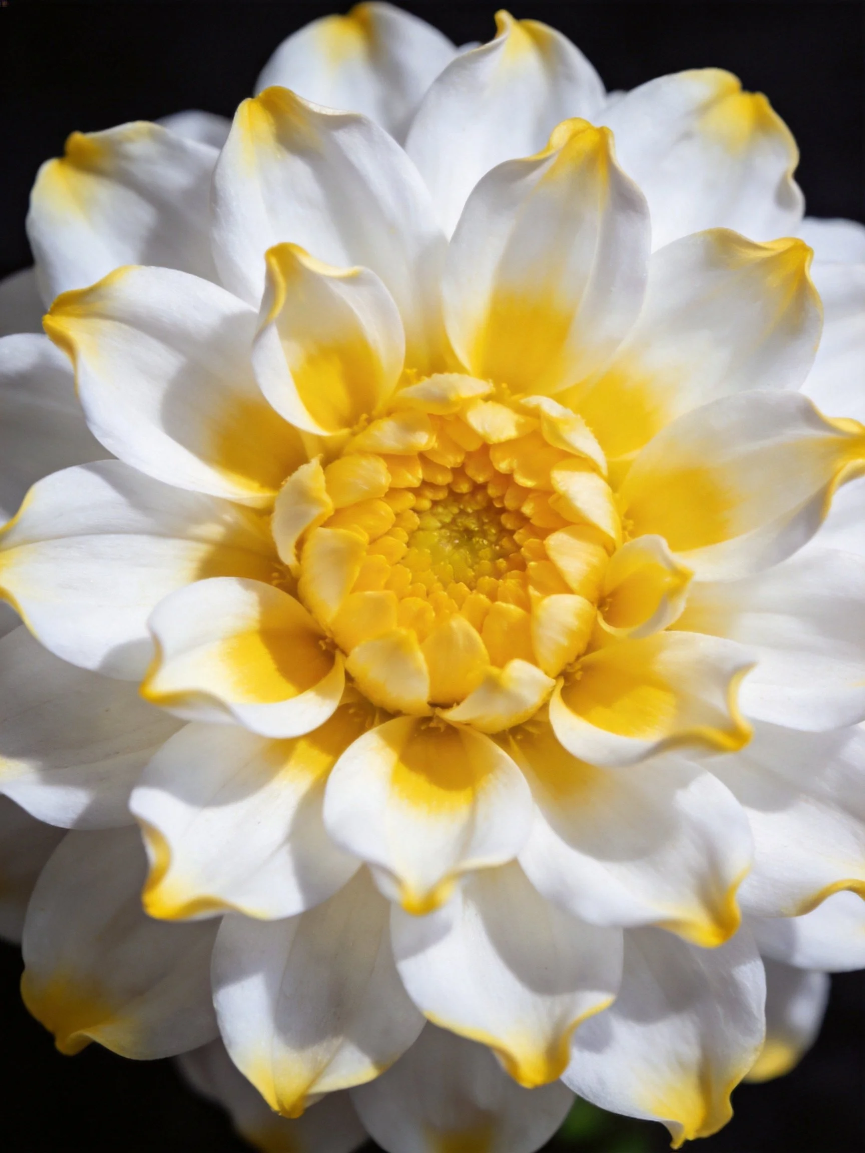 Close-up view of a white and yellow dahlia with layered petals