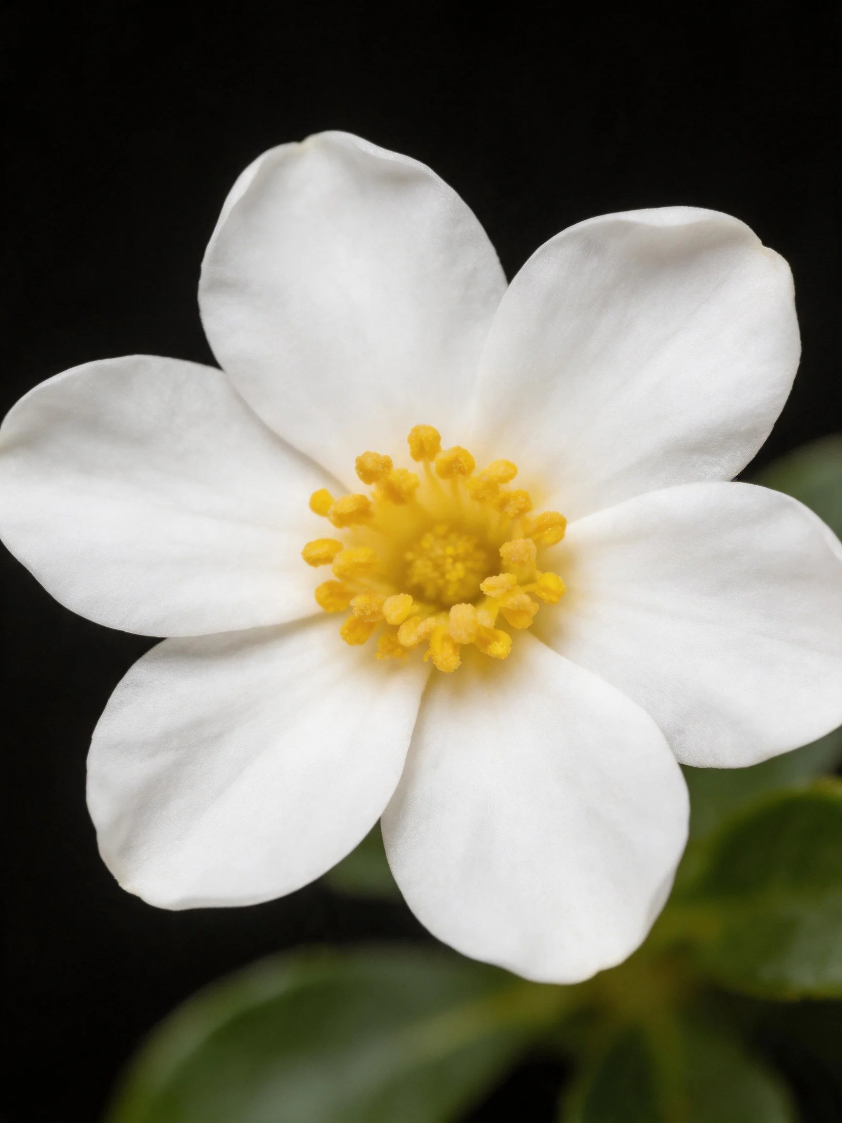 Close-up view of a white flower with yellow central stamens
