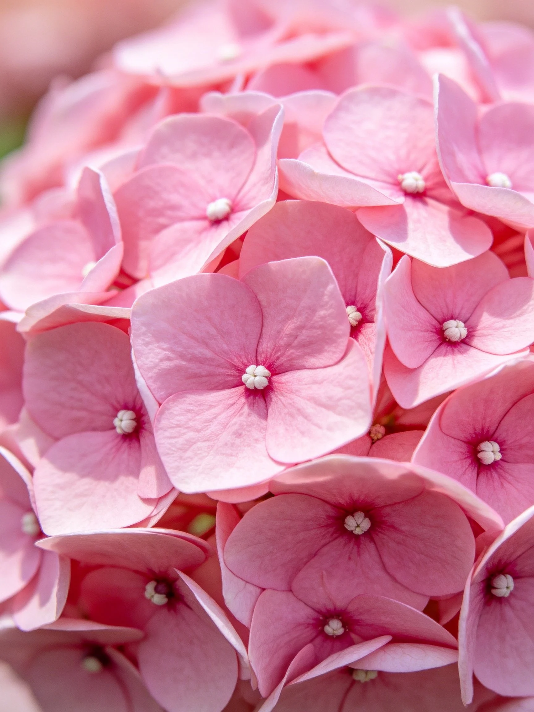 Close - up view of numerous soft pink hydrangea blooms with rounded petals