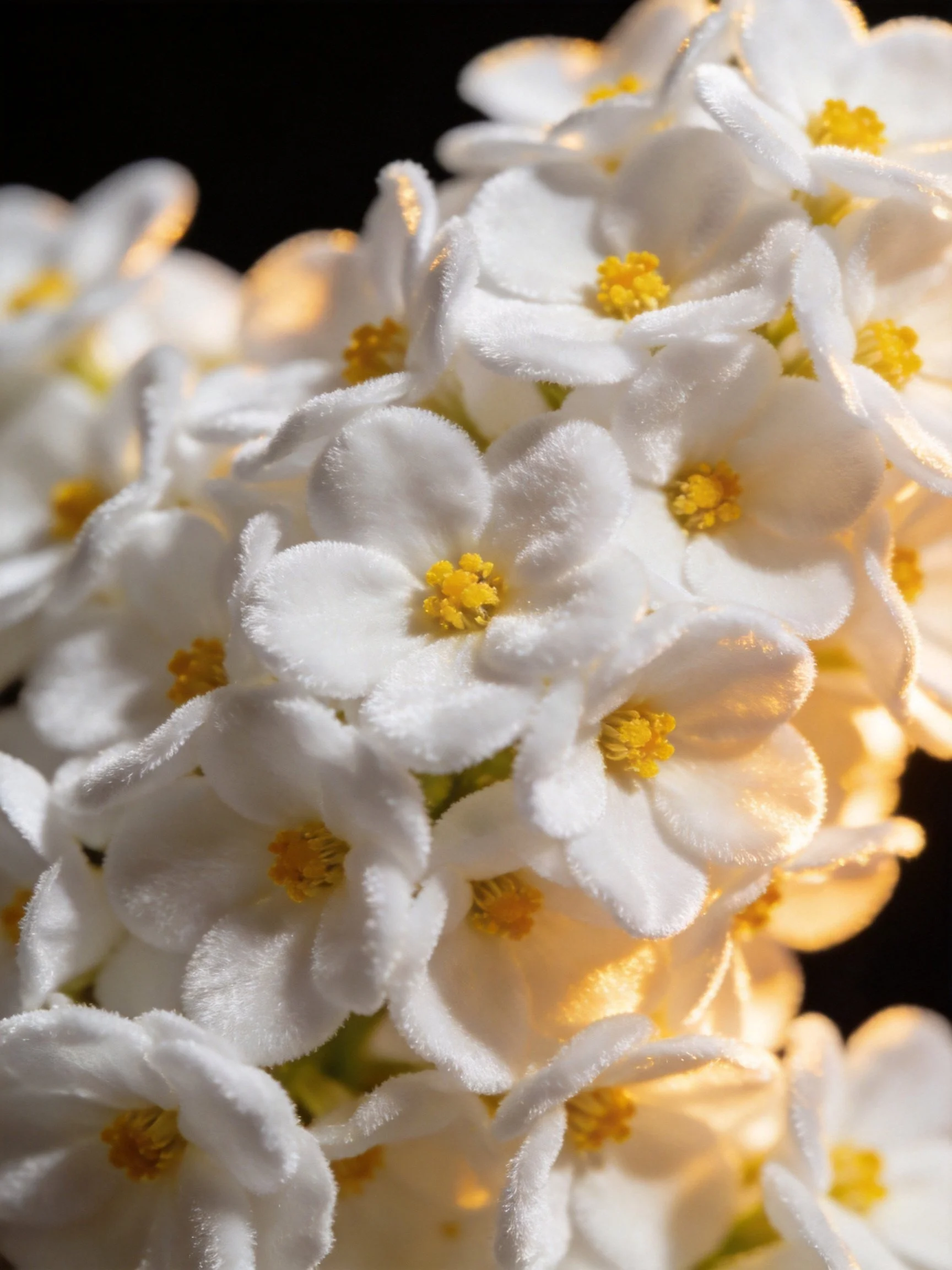 Close-up view of numerous white clustered flowers with yellow centers