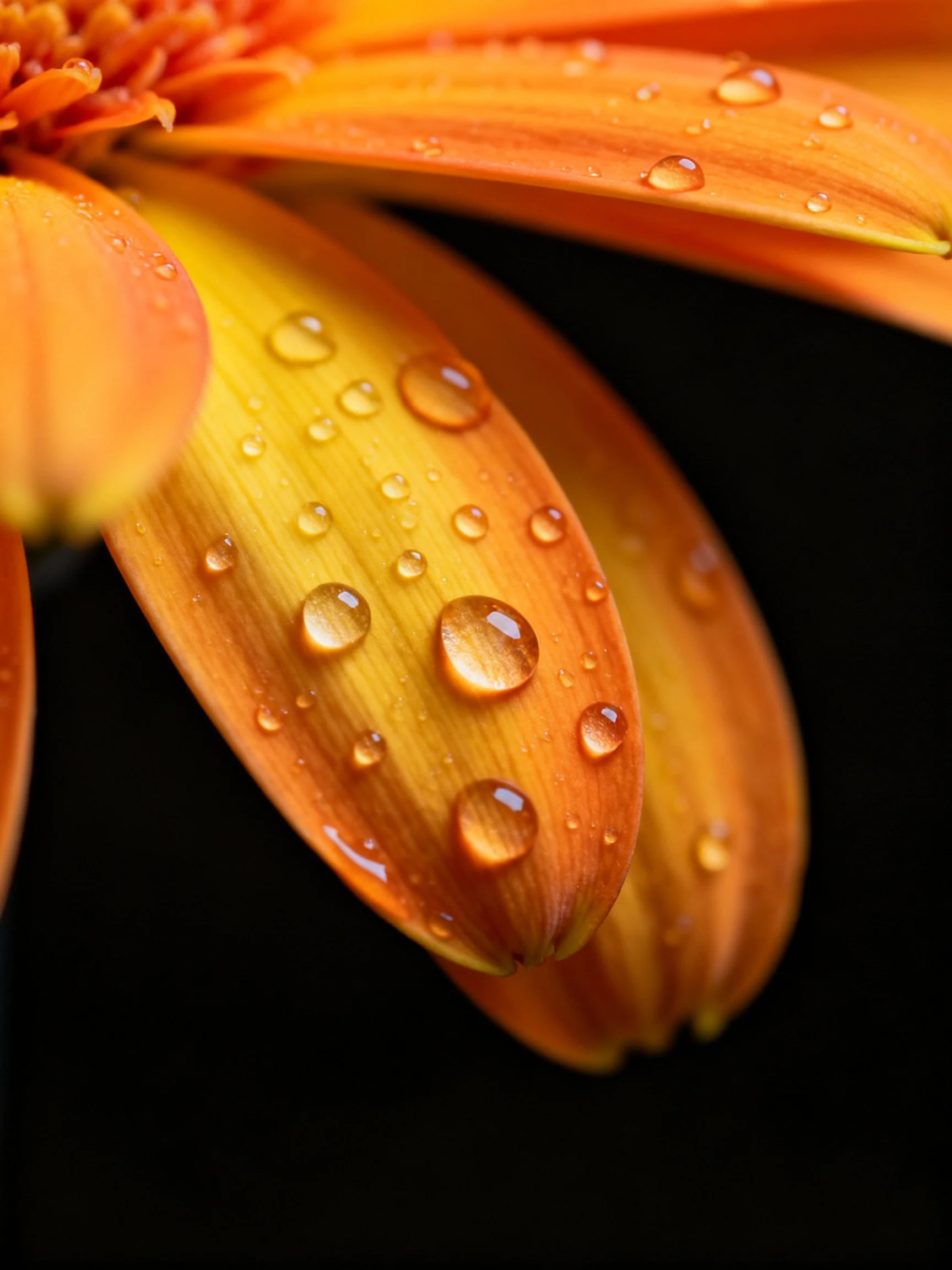 Close-up view of orange-yellow flower petals with multiple water droplets
