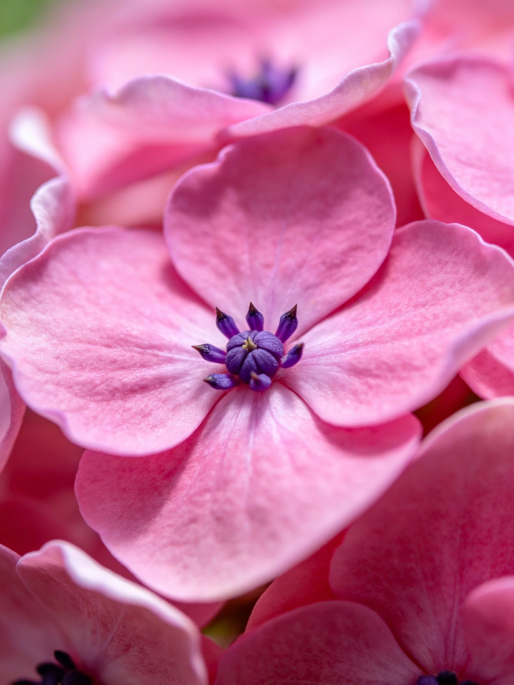 Close-up view of soft pink hydrangea blooms with deep purple centers