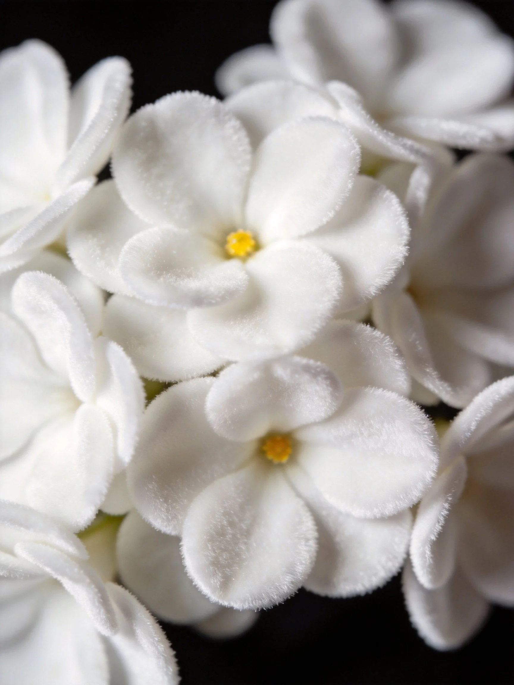 Close-up view of soft white flower clusters with bright yellow centers