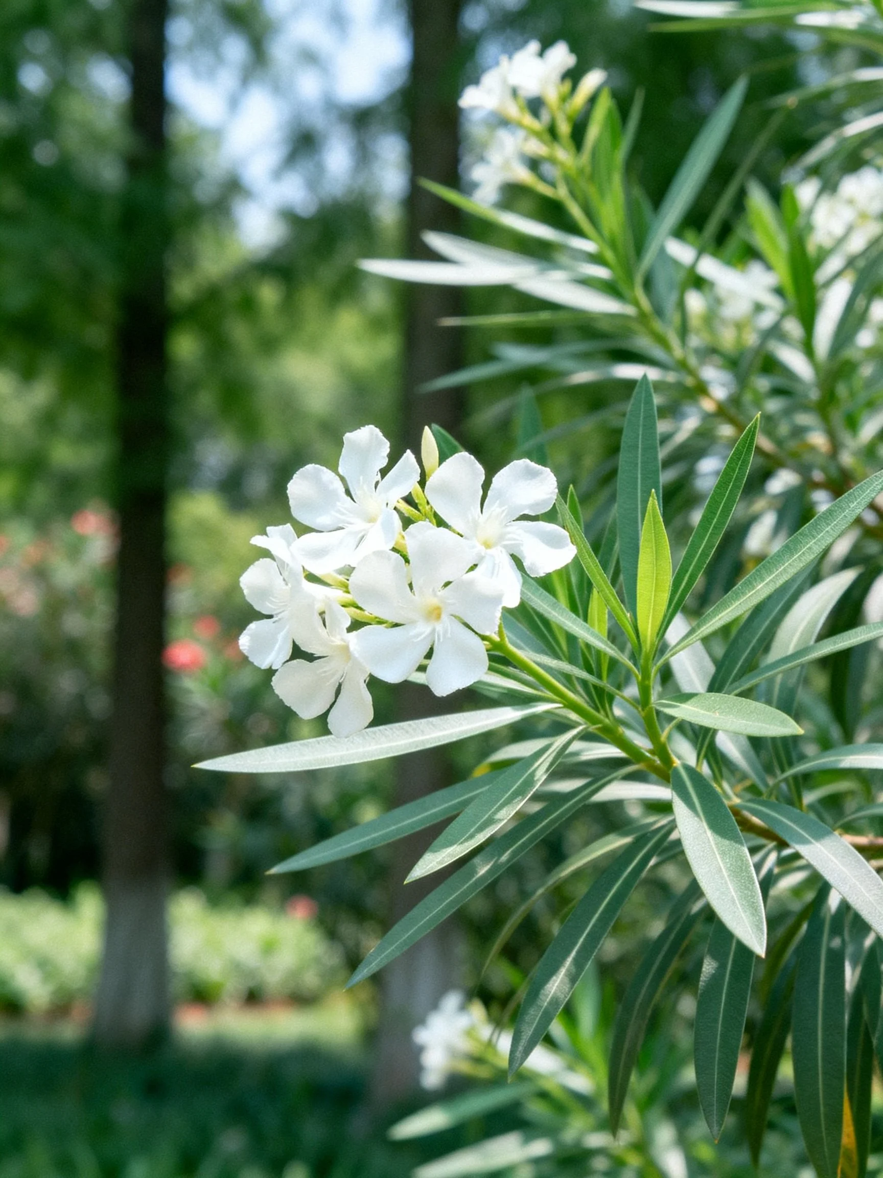 Cluster flower cluster with elong green leaves in a sunlit outdoor scene