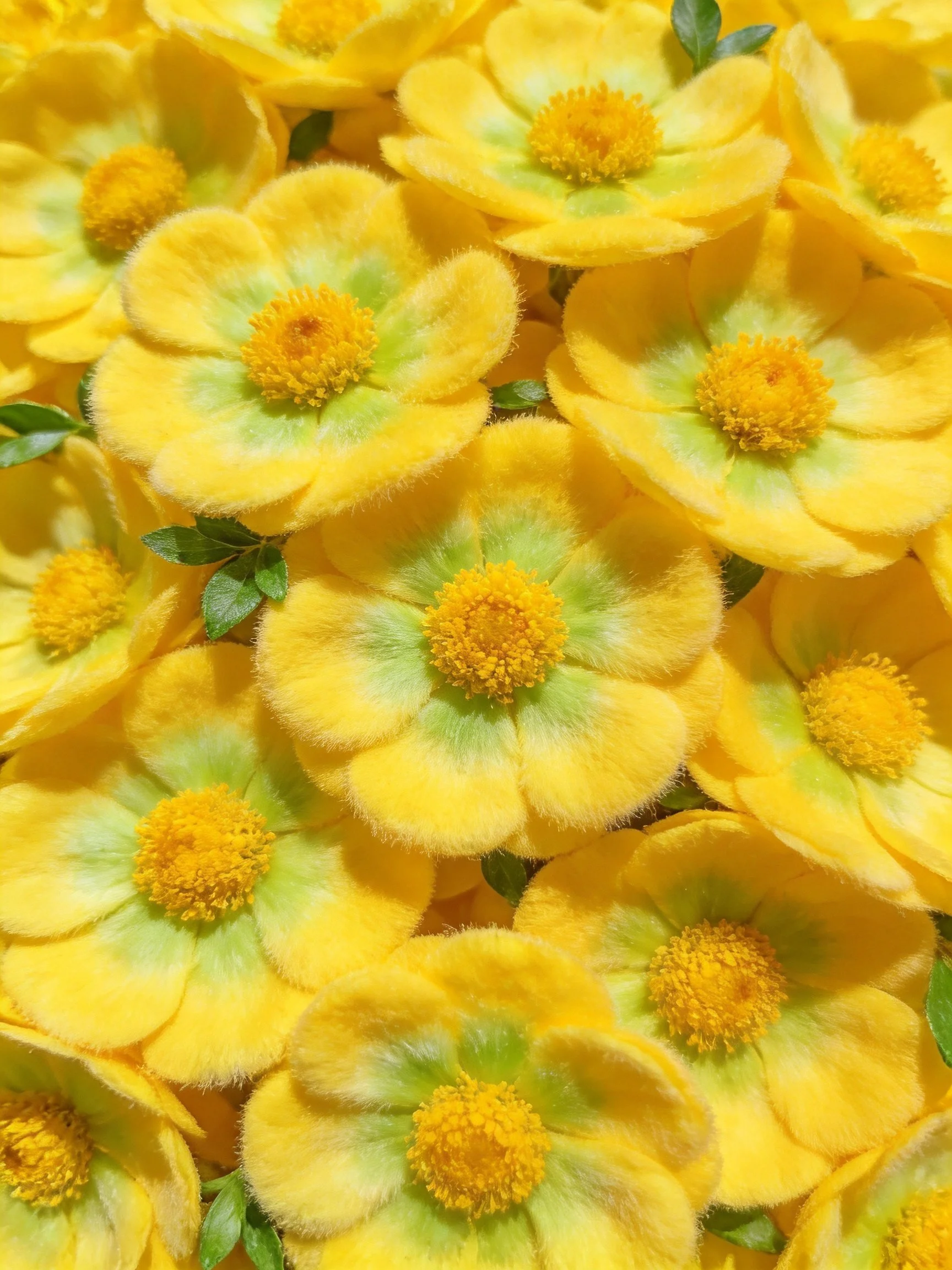 Cluster of Bright Yellow Felt Flowers with Green Centres