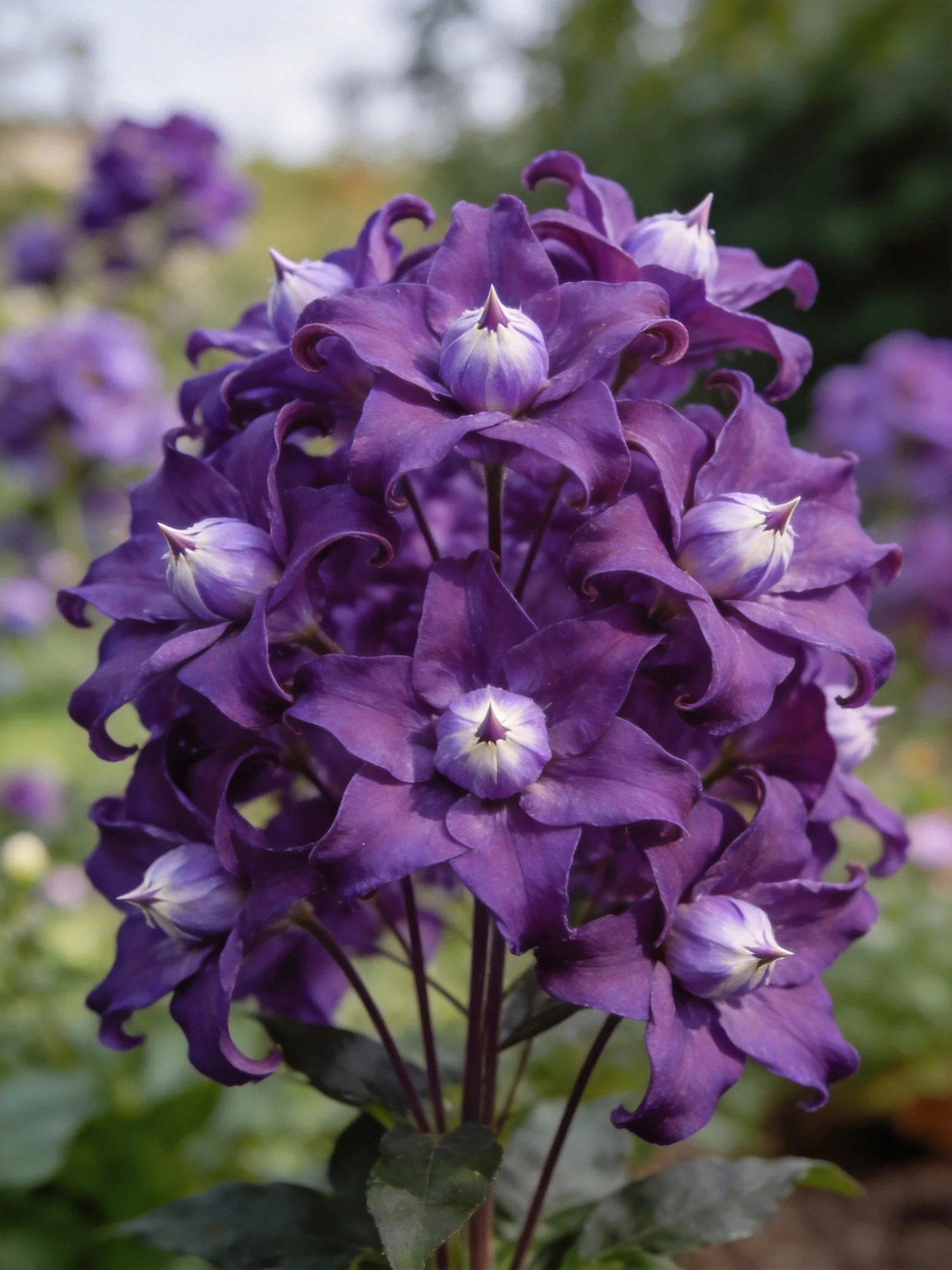 Cluster of Deep Purple Flowers with White Accents in Garden