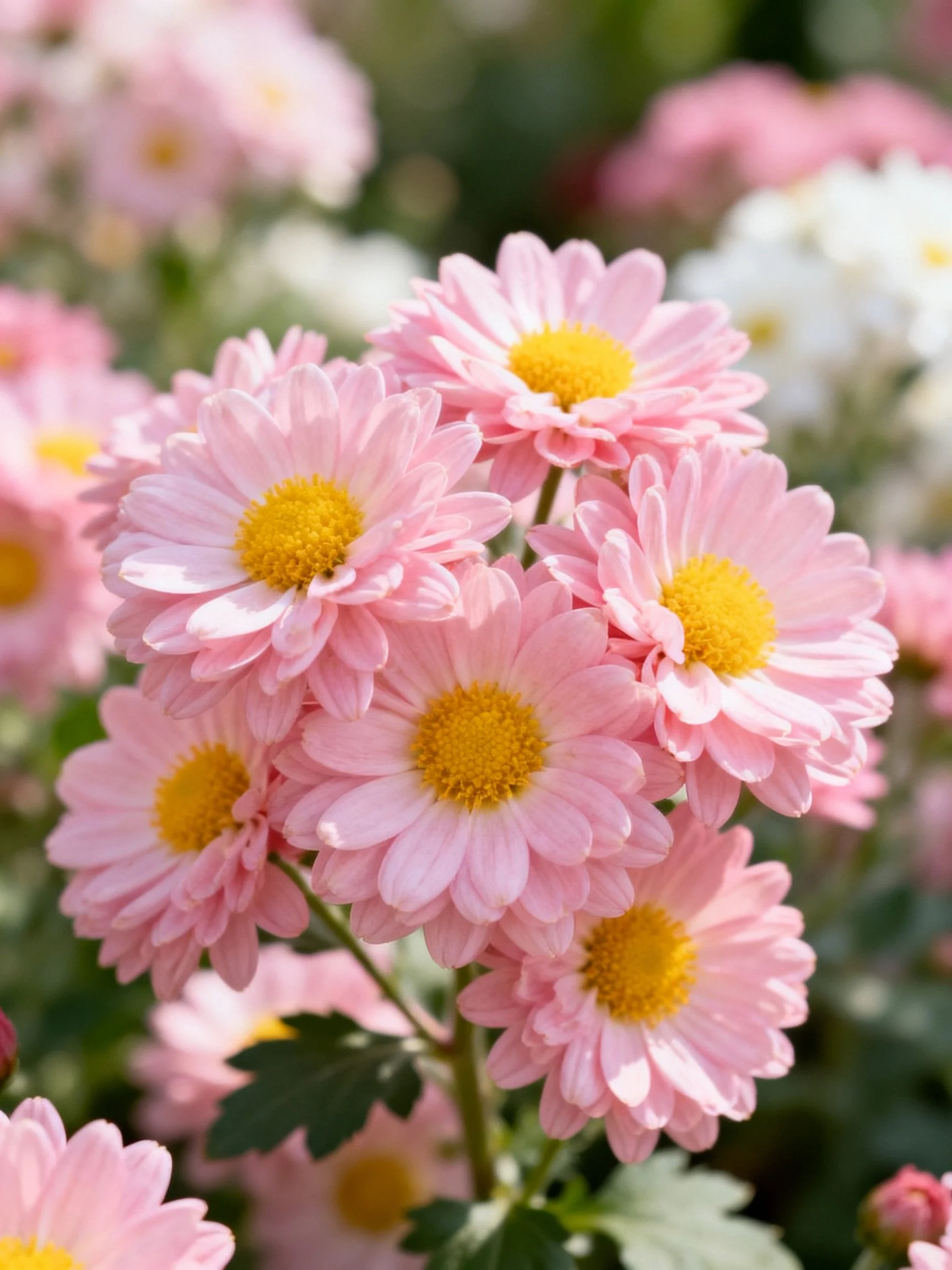 Cluster of Pastel Pink Chrysanthemums with Bright Yellow Centers