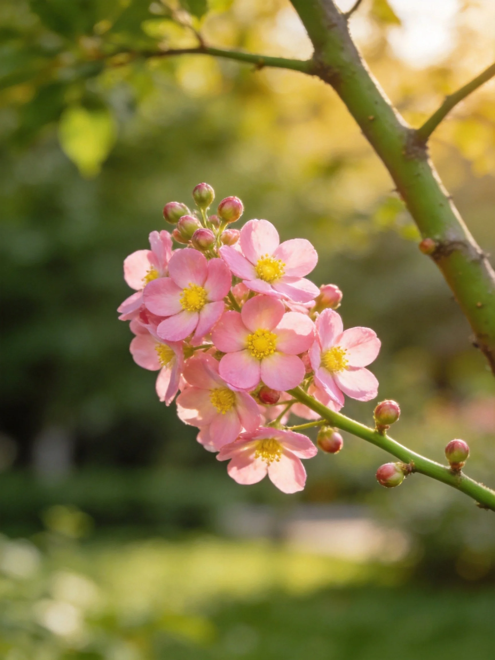 Cluster of Pink Flowers with Yellow Centers on Green Branch