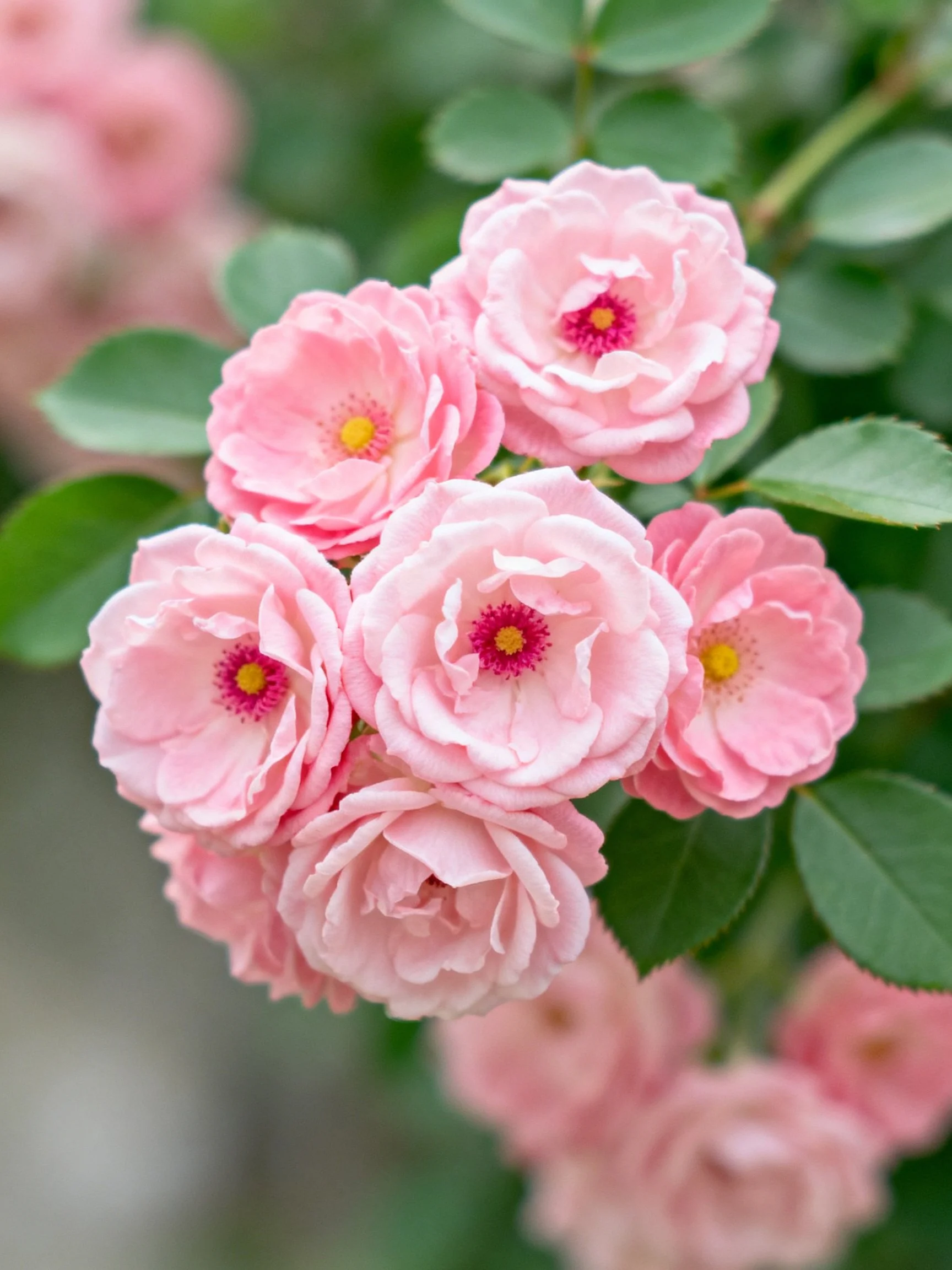 Cluster of Pink Roses with Green Foliage