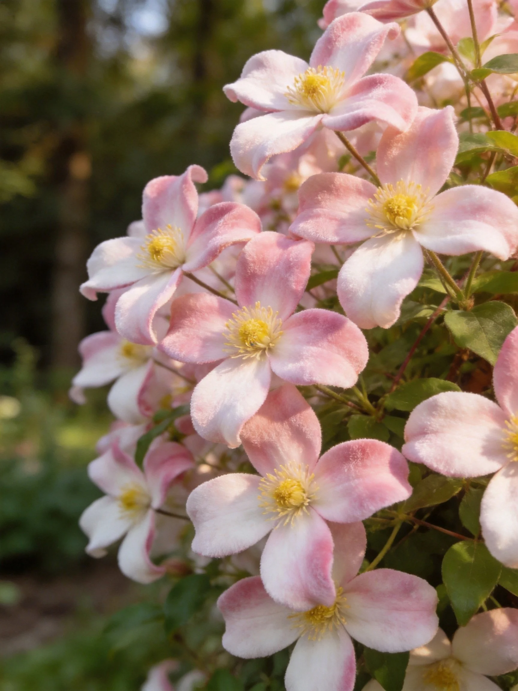Cluster of Pink and White Clematis Flowers with Yellow Stamens