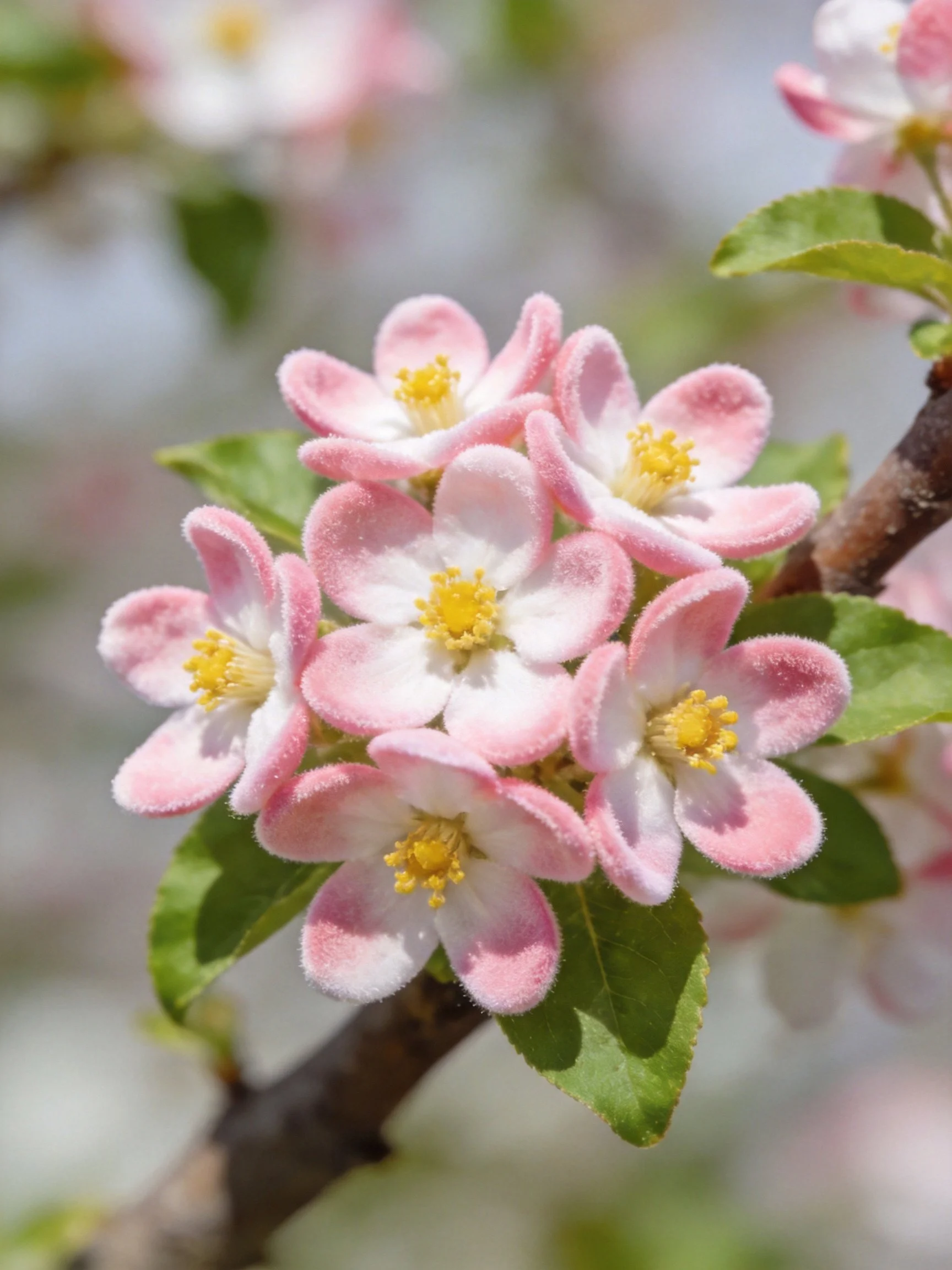 Cluster of Pink and White Flowers with Yellow Stamens on a Branch