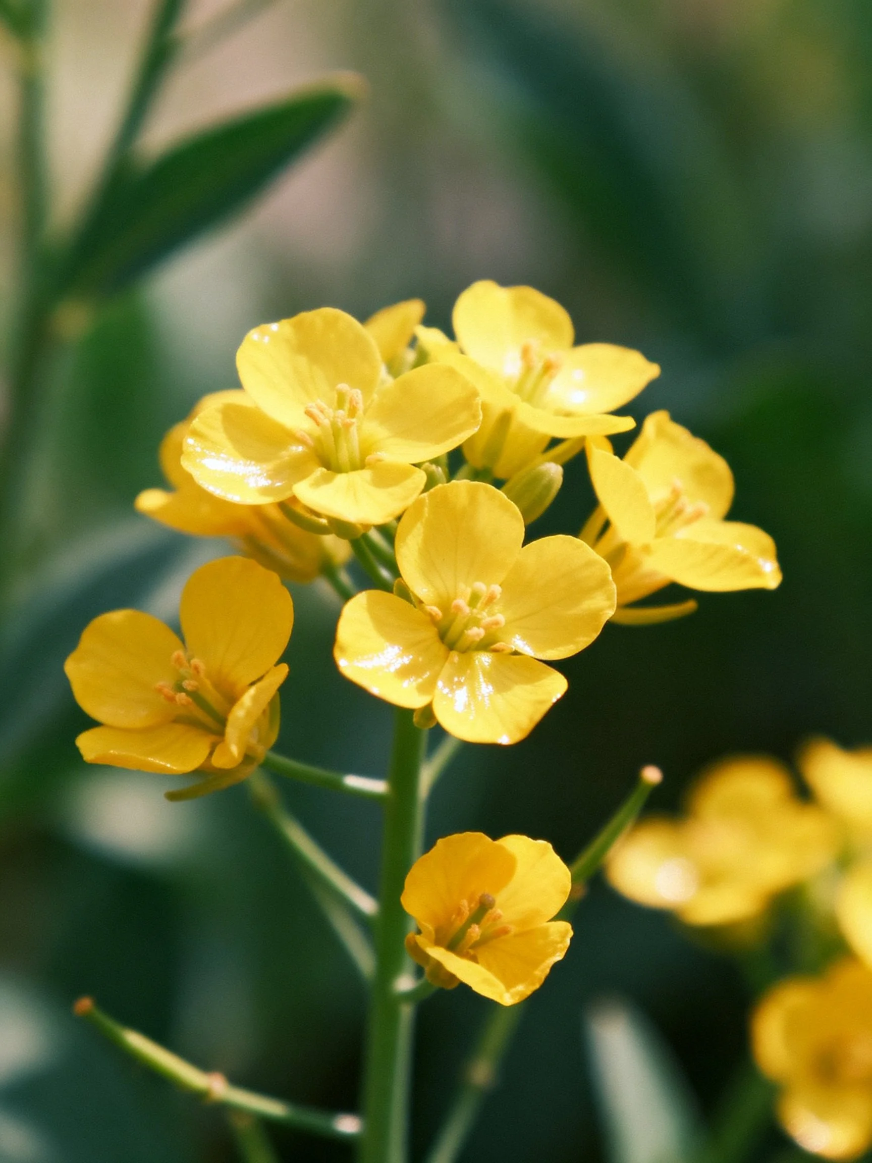 Cluster of Small Bright Yellow Four-Petaled Flowers with Green Stems