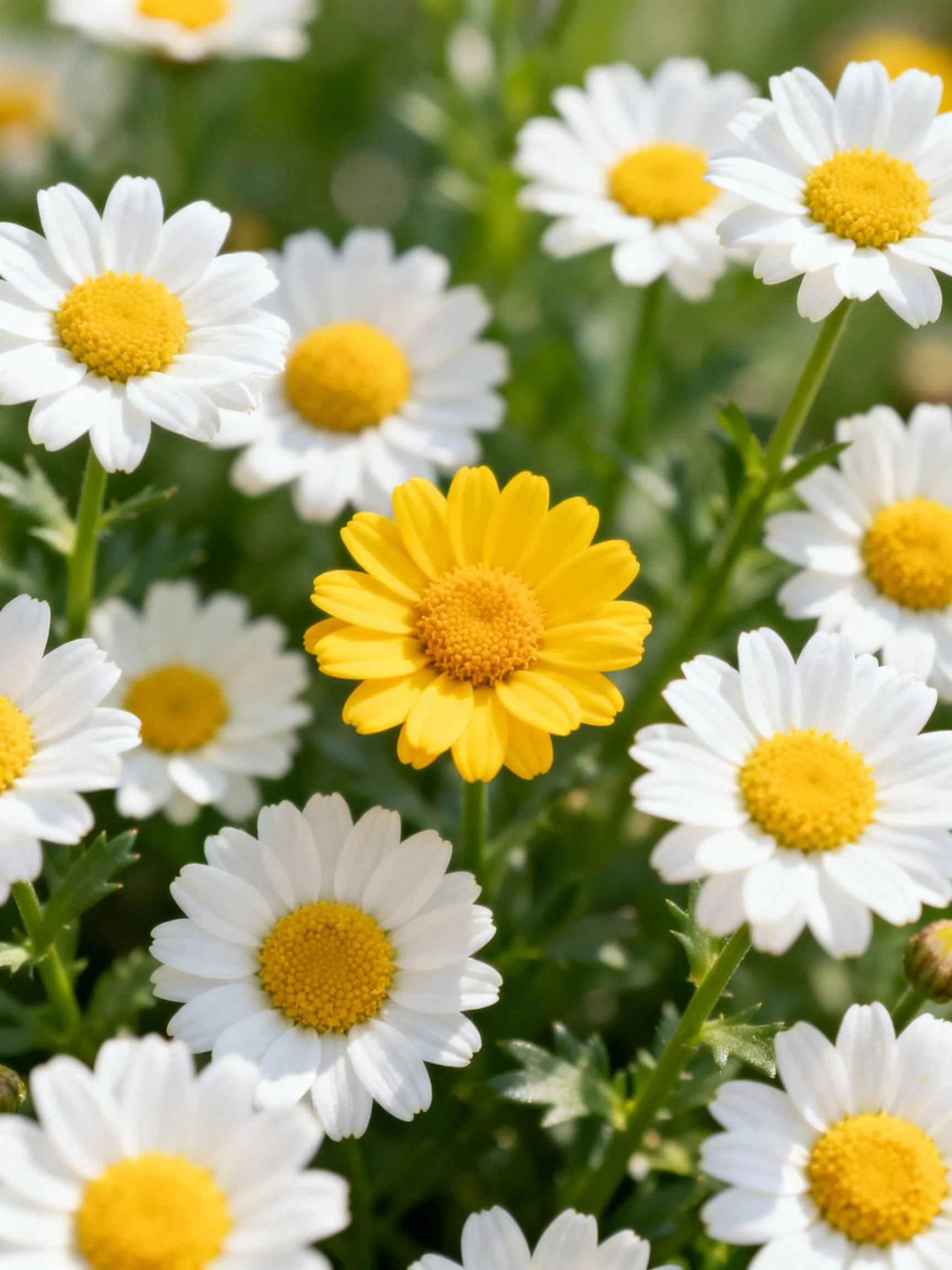 Cluster of White Daisies with One Bright Yellow Daisy