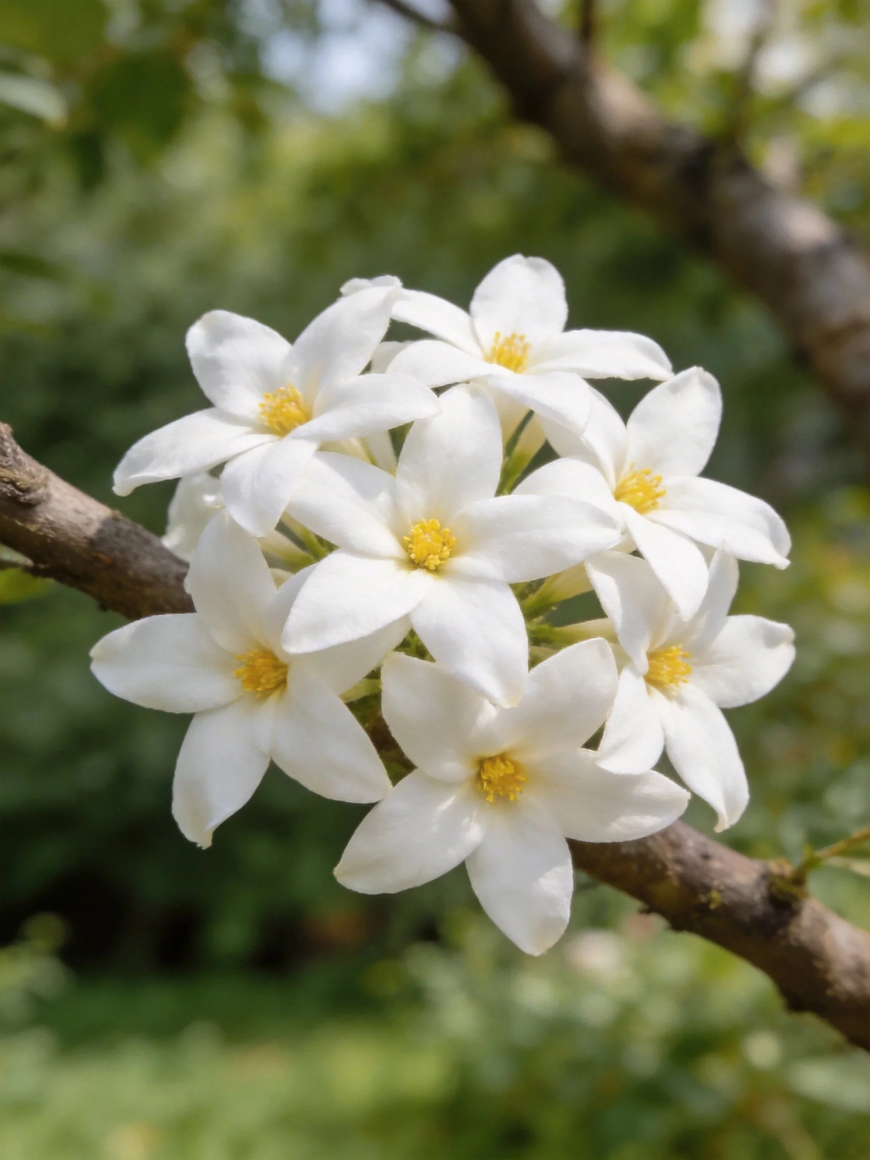 Cluster of White Flowers with Yellow Centers on a Tree Branch